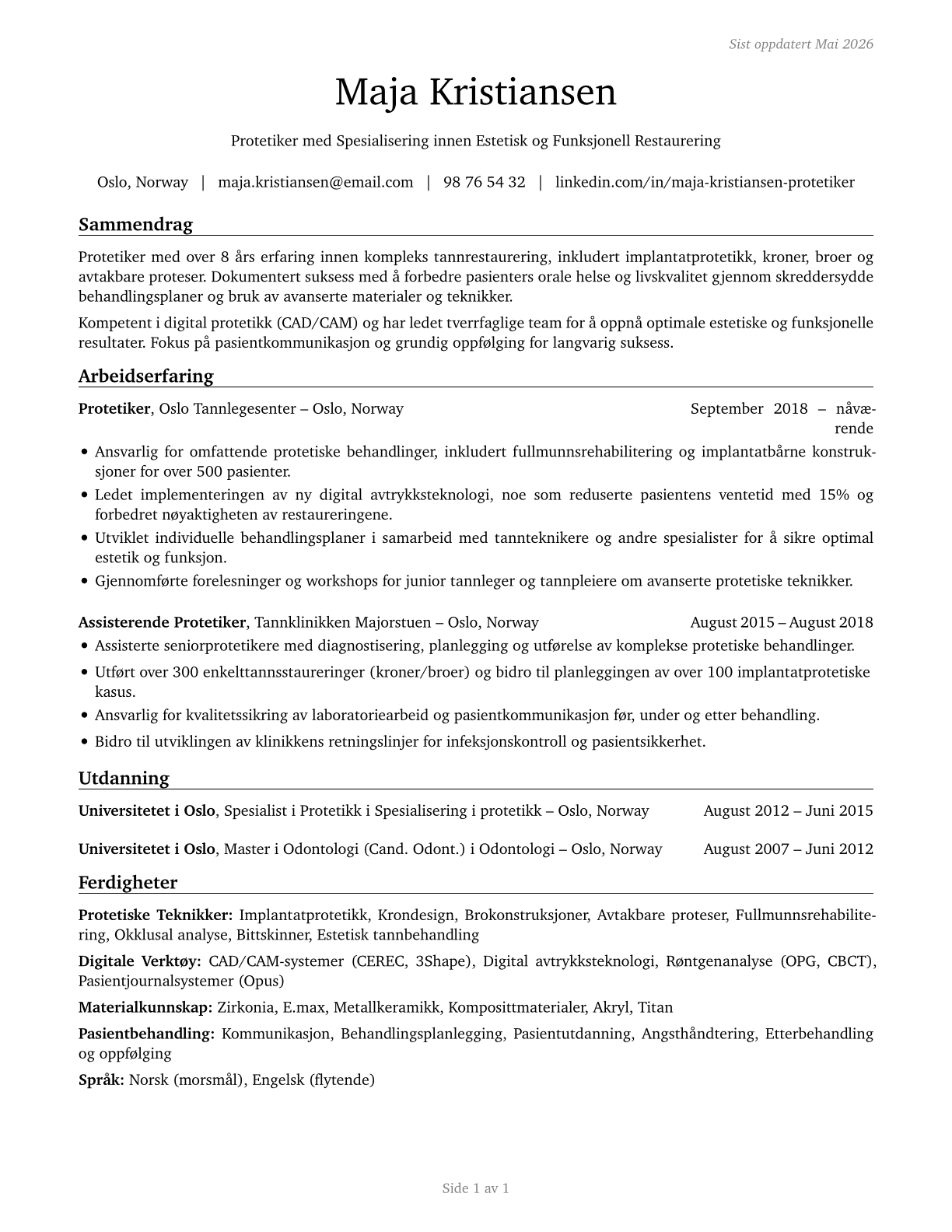 Prosthodontists CV in Norwegian_bokmal — page 1