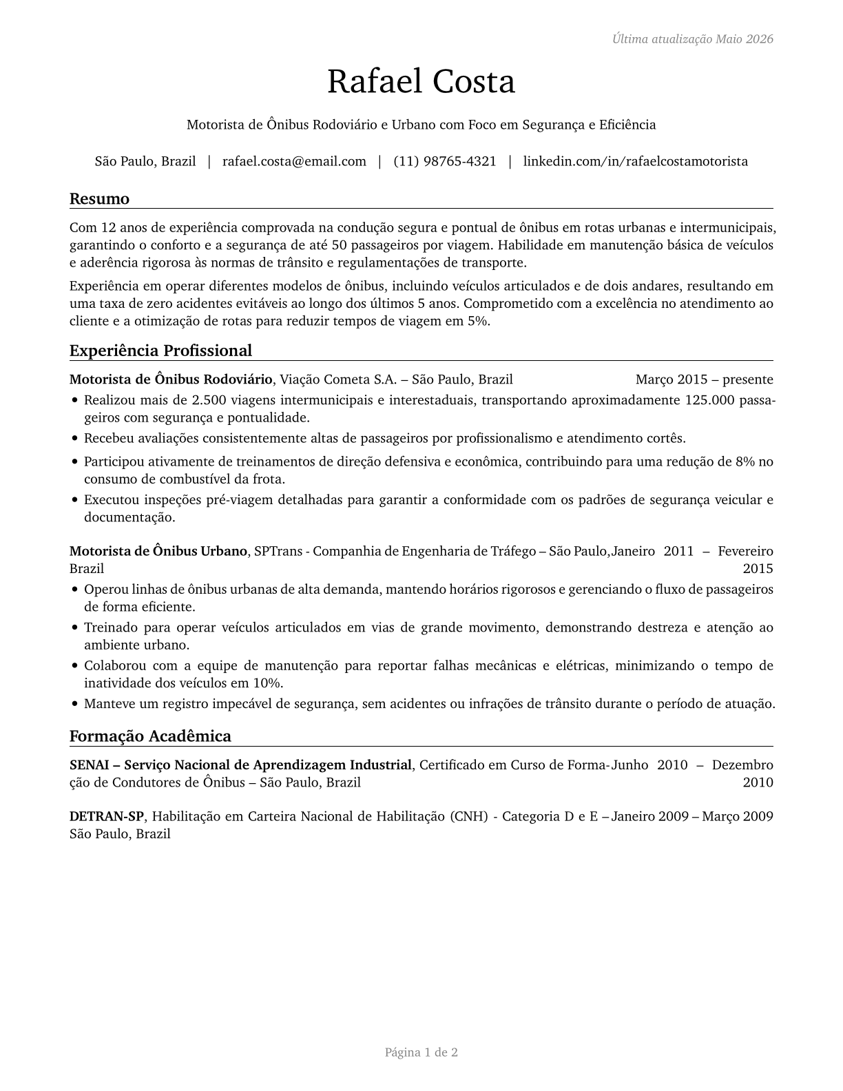 Bus Drivers, Transit and Intercity CV in Portuguese — page 1