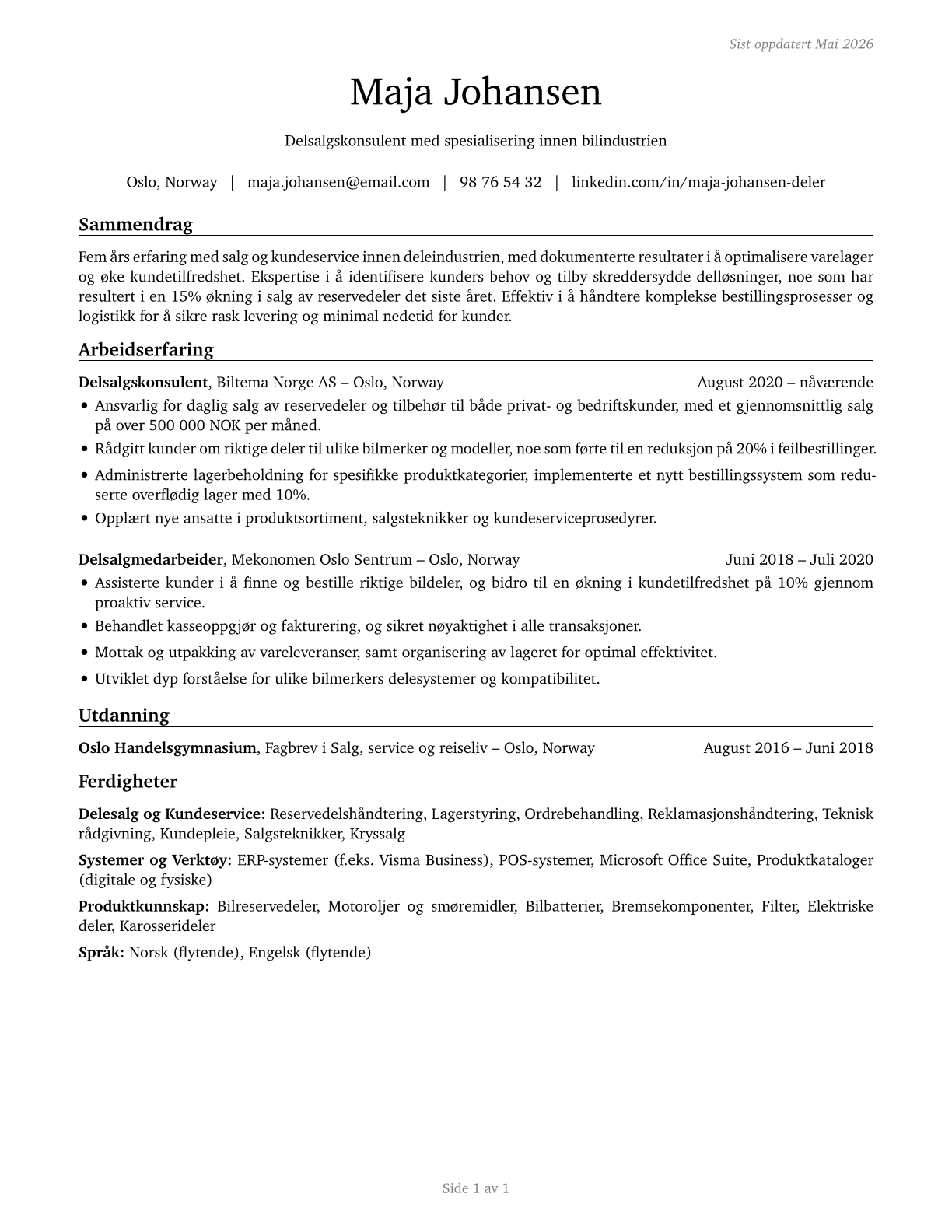Parts Salespersons CV in Norwegian_bokmal — page 1