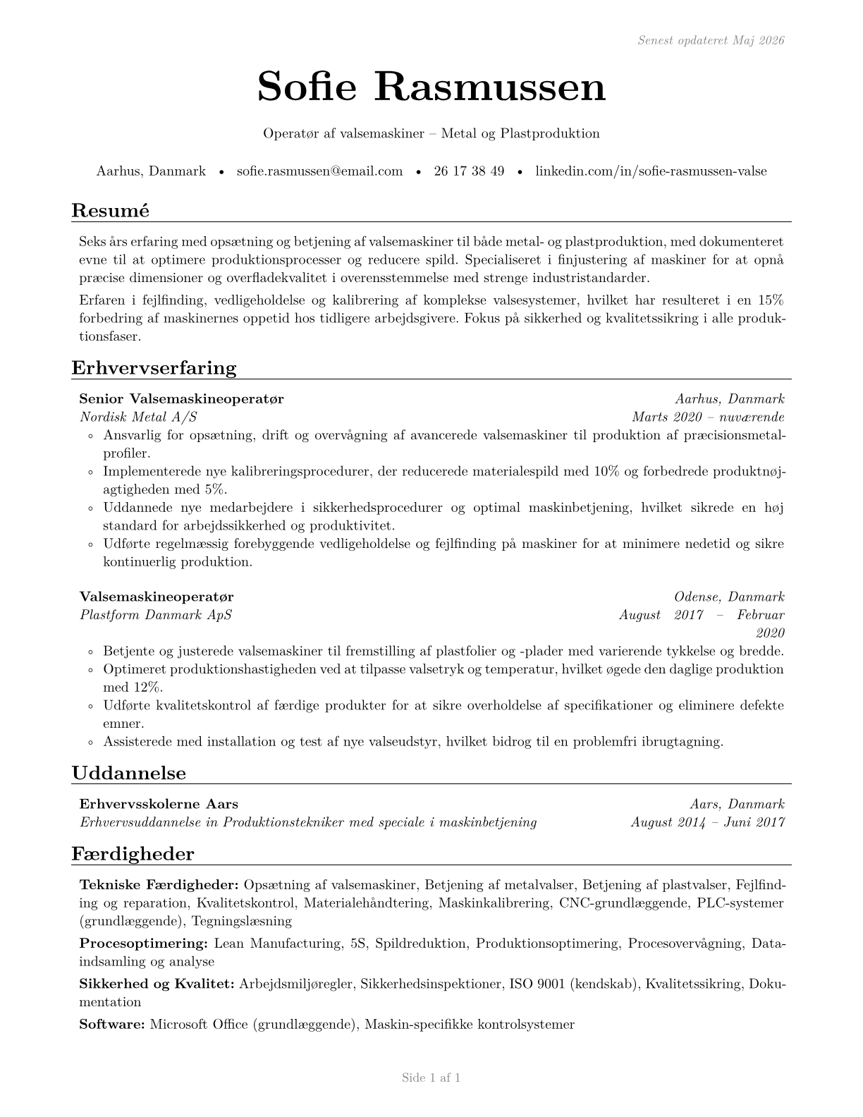 Rolling Machine Setters, Operators, and Tenders, Metal and Plastic CV in Danish — page 1
