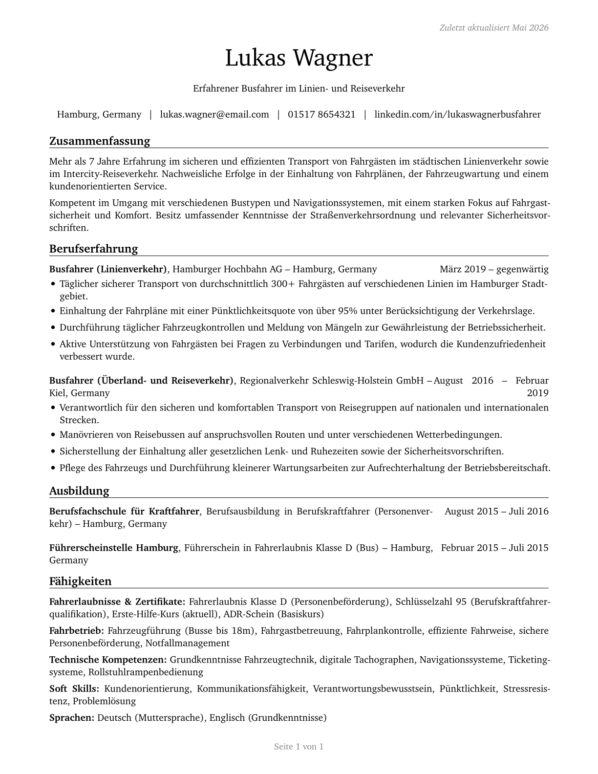 Bus Drivers, Transit and Intercity CV in German — page 1