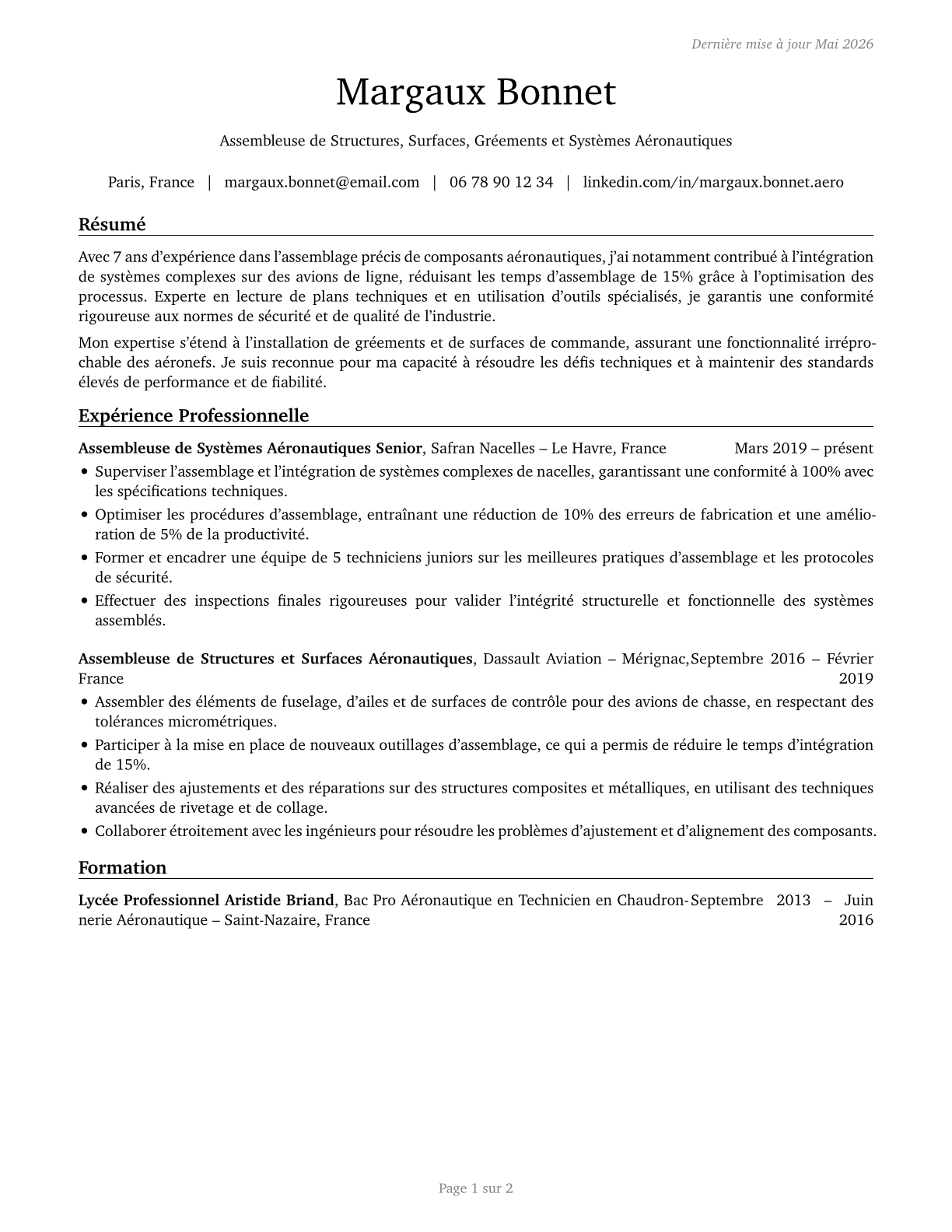 Aircraft Structure, Surfaces, Rigging, and Systems Assemblers CV in French — page 1