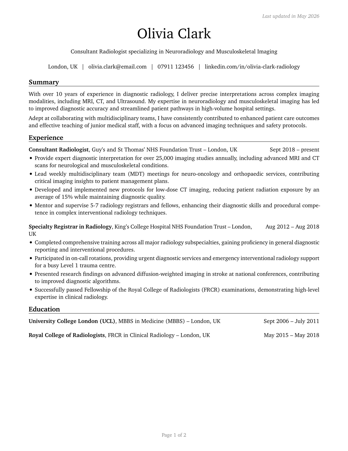 Radiologists CV in English — page 1