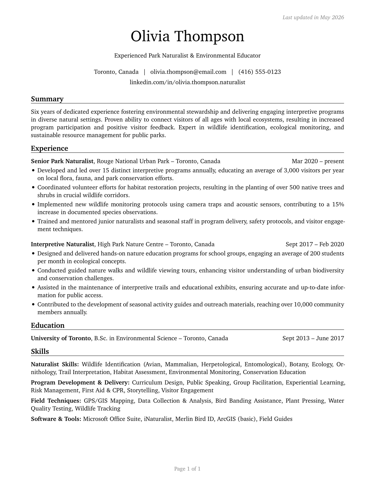 Park Naturalists CV in English — page 1