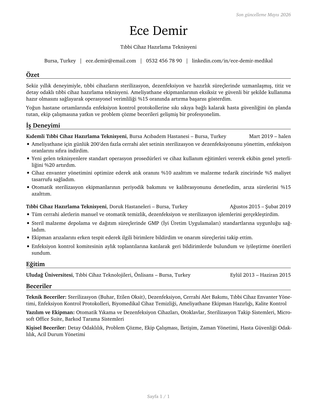 Medical Equipment Preparers CV in Turkish — page 1