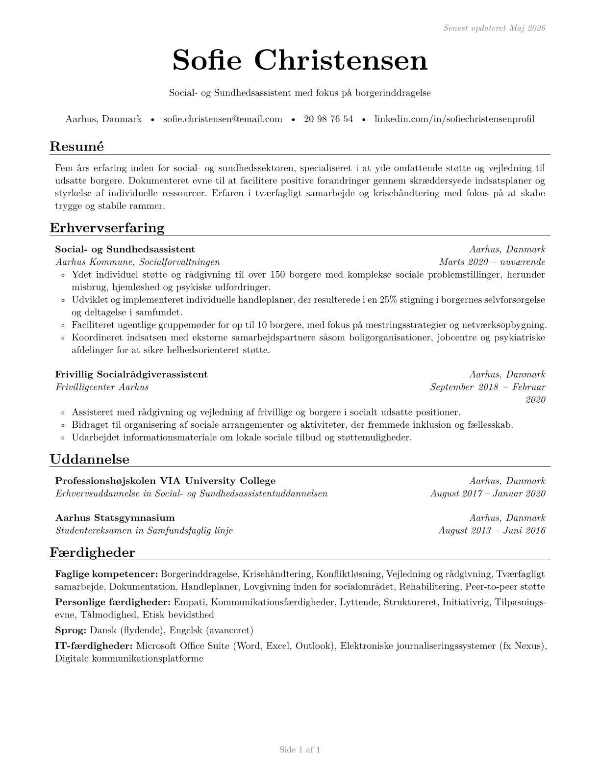 Social and Human Service Assistants CV in Danish — page 1