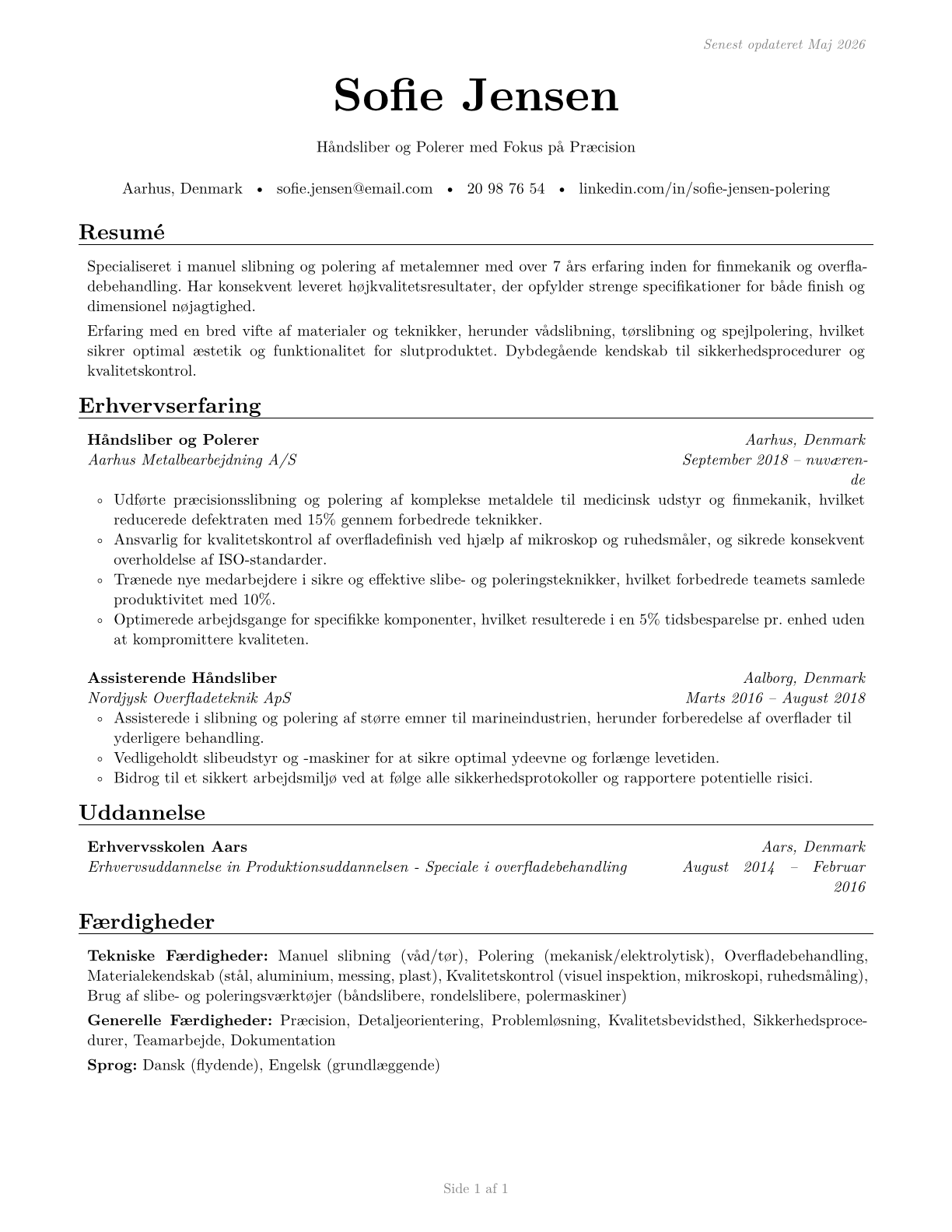 Grinding and Polishing Workers, Hand CV in Danish — page 1