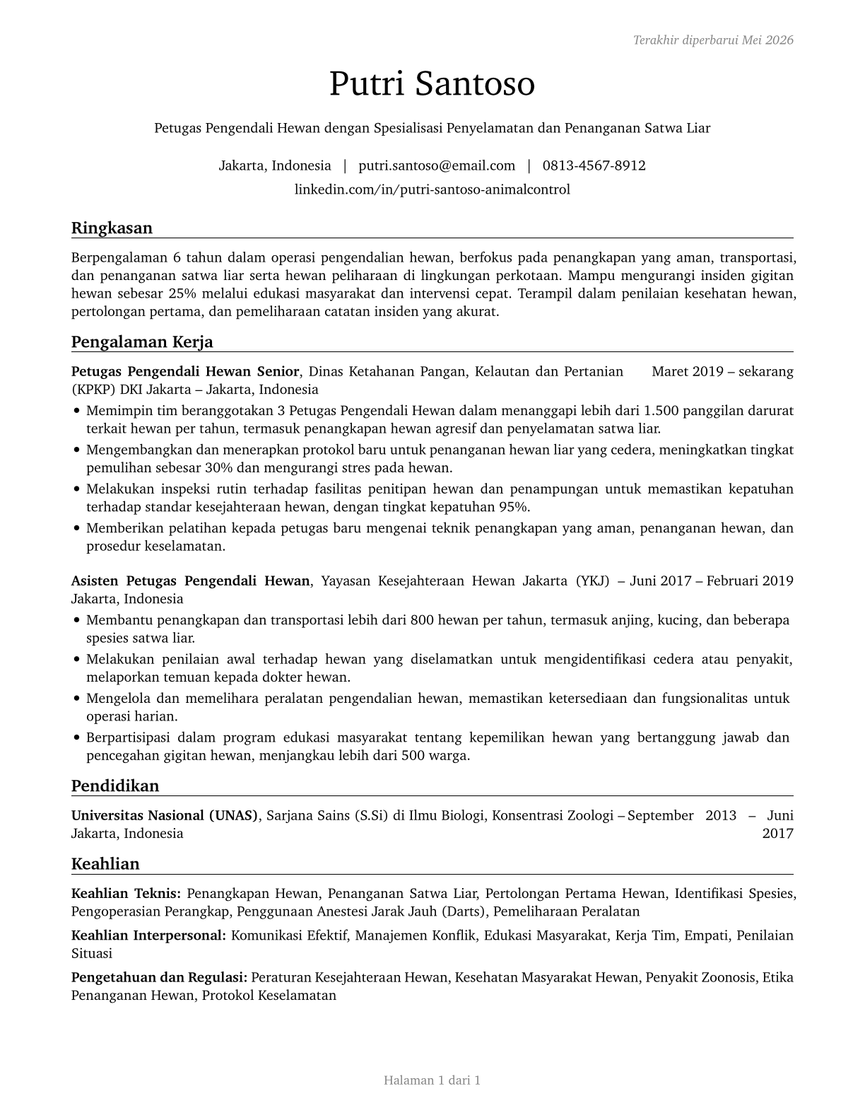 Animal Control Workers CV in Indonesian — page 1