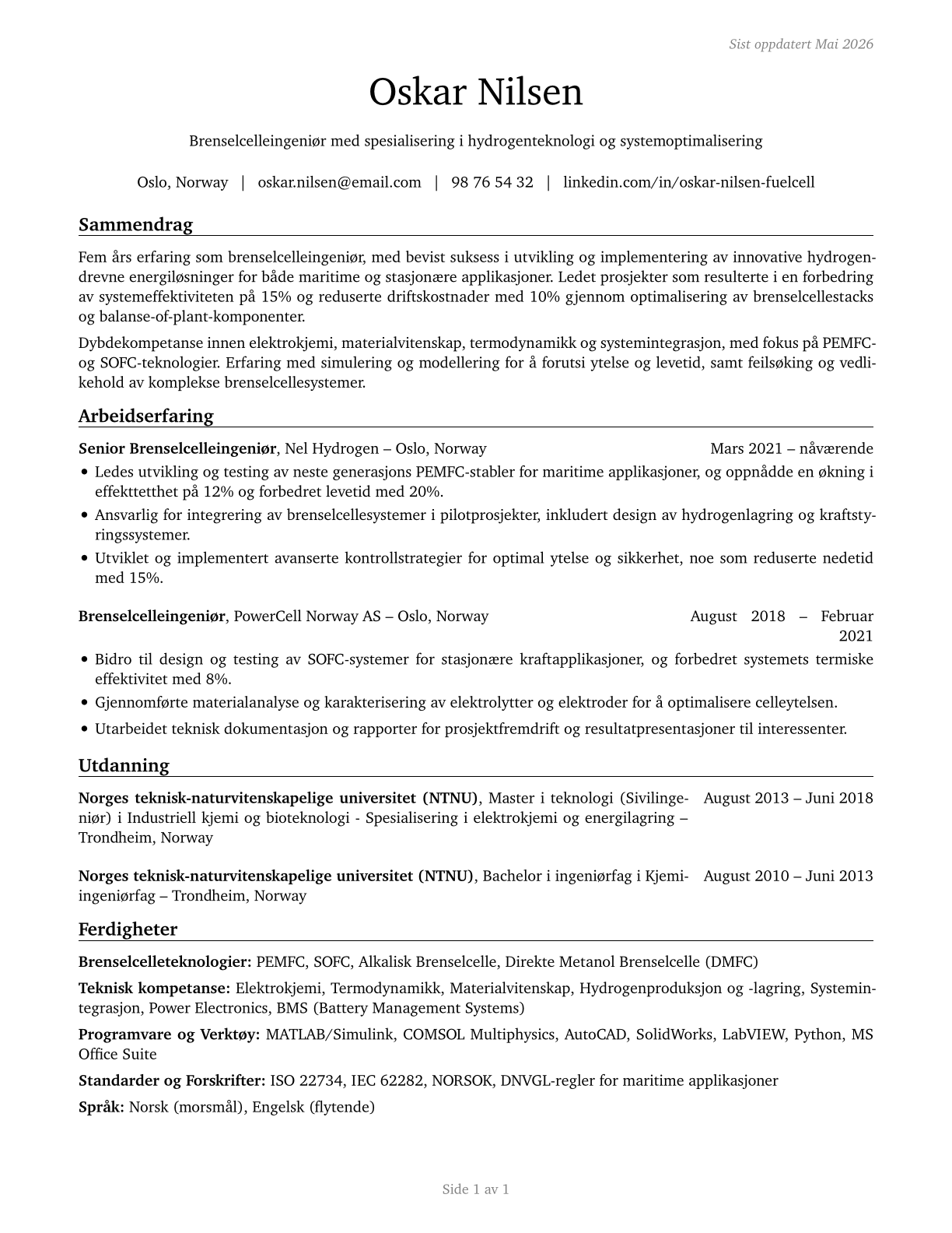 Fuel Cell Engineers CV in Norwegian_bokmal — page 1