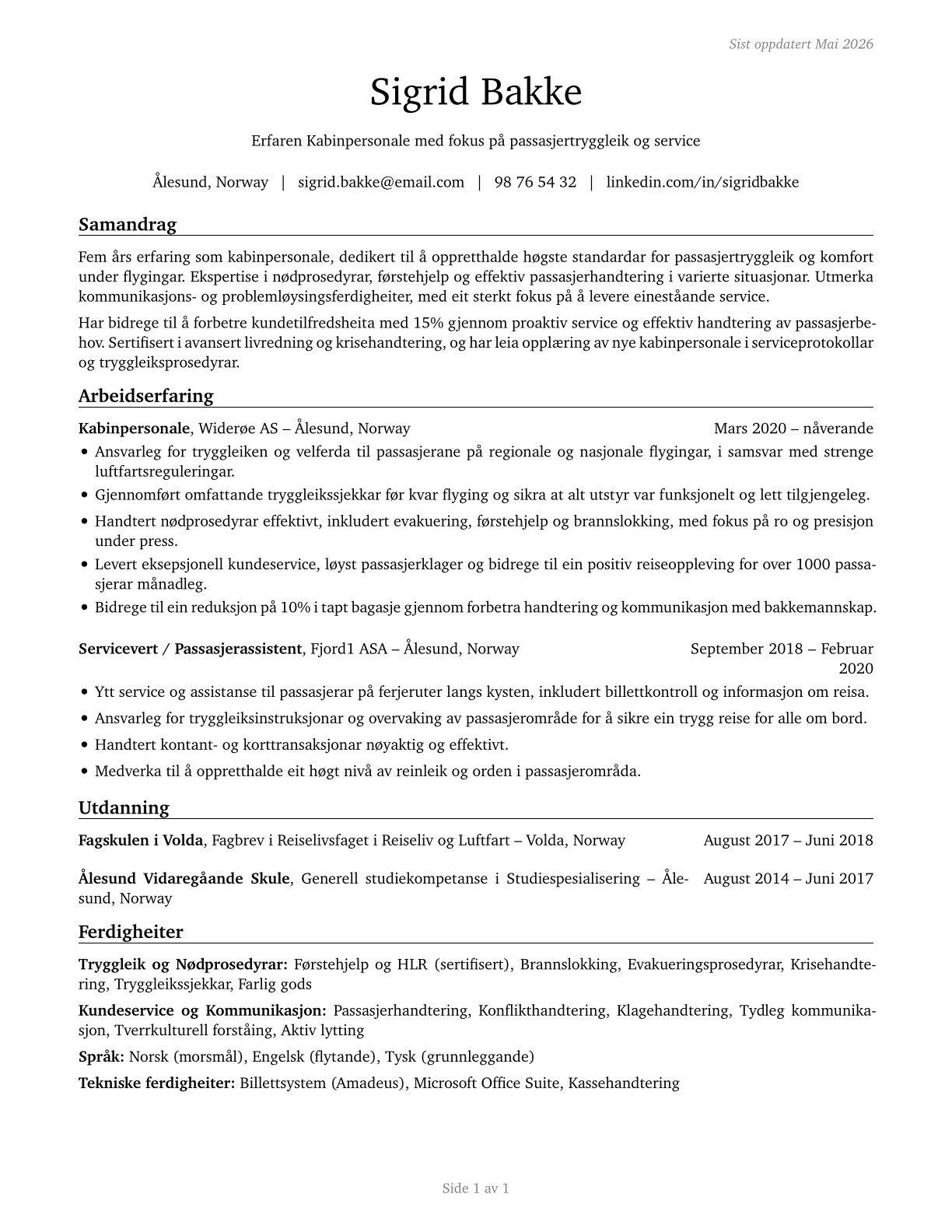 Passenger Attendants CV in Norwegian_nynorsk — page 1