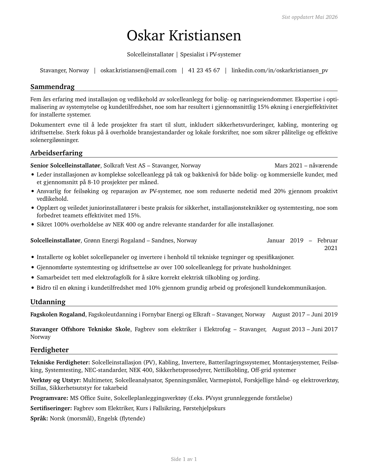 Solar Photovoltaic Installers CV in Norwegian_bokmal — page 1