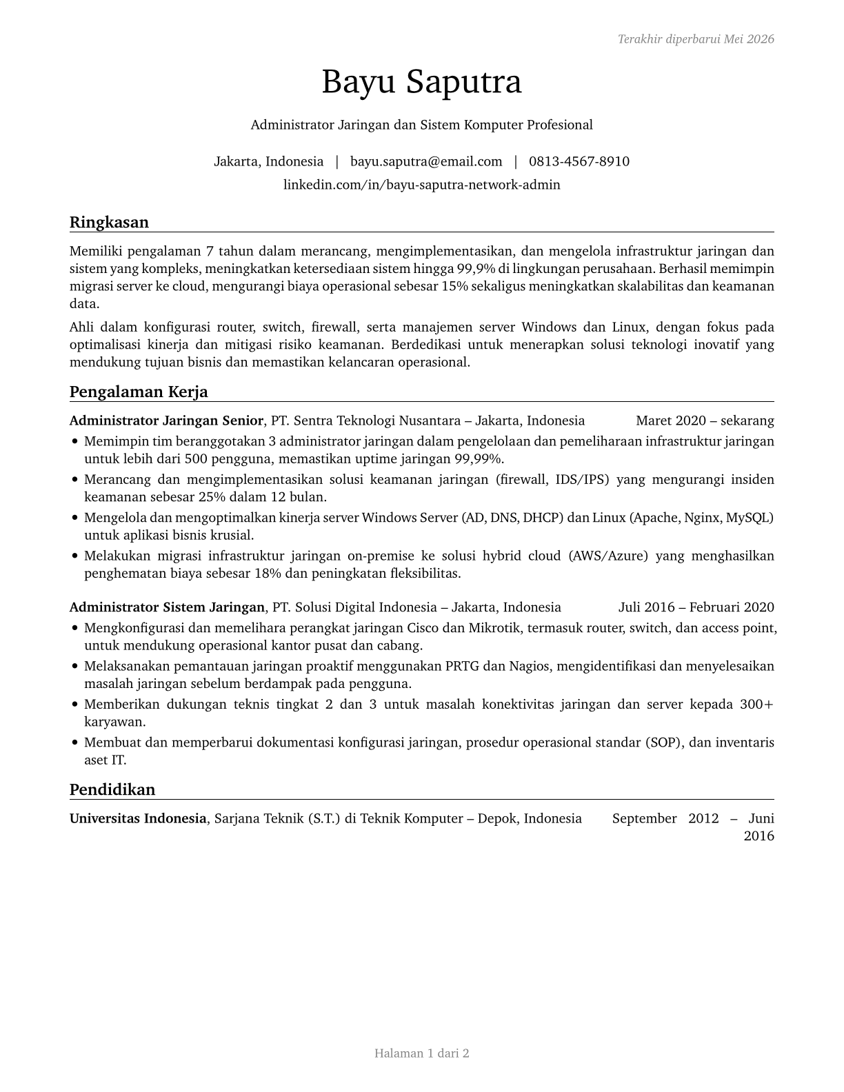Network and Computer Systems Administrators CV in Indonesian — page 1