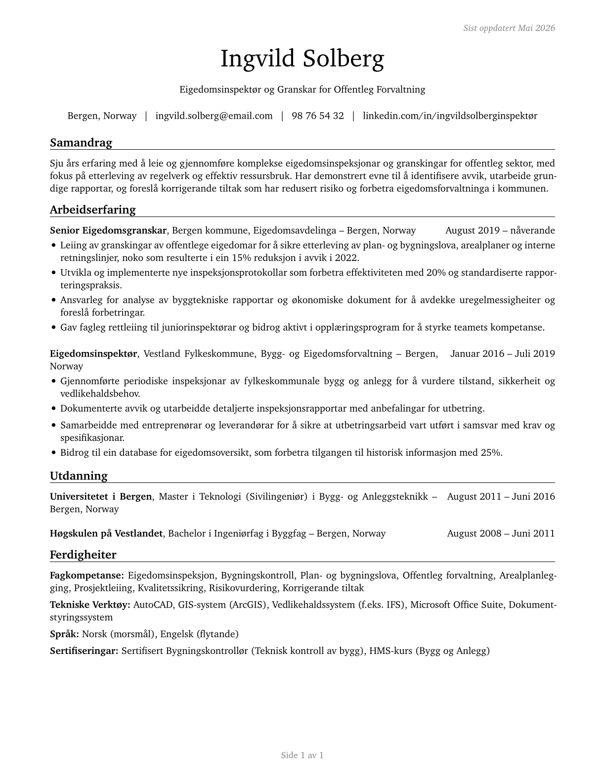 Government Property Inspectors and Investigators CV in Norwegian_nynorsk — page 1