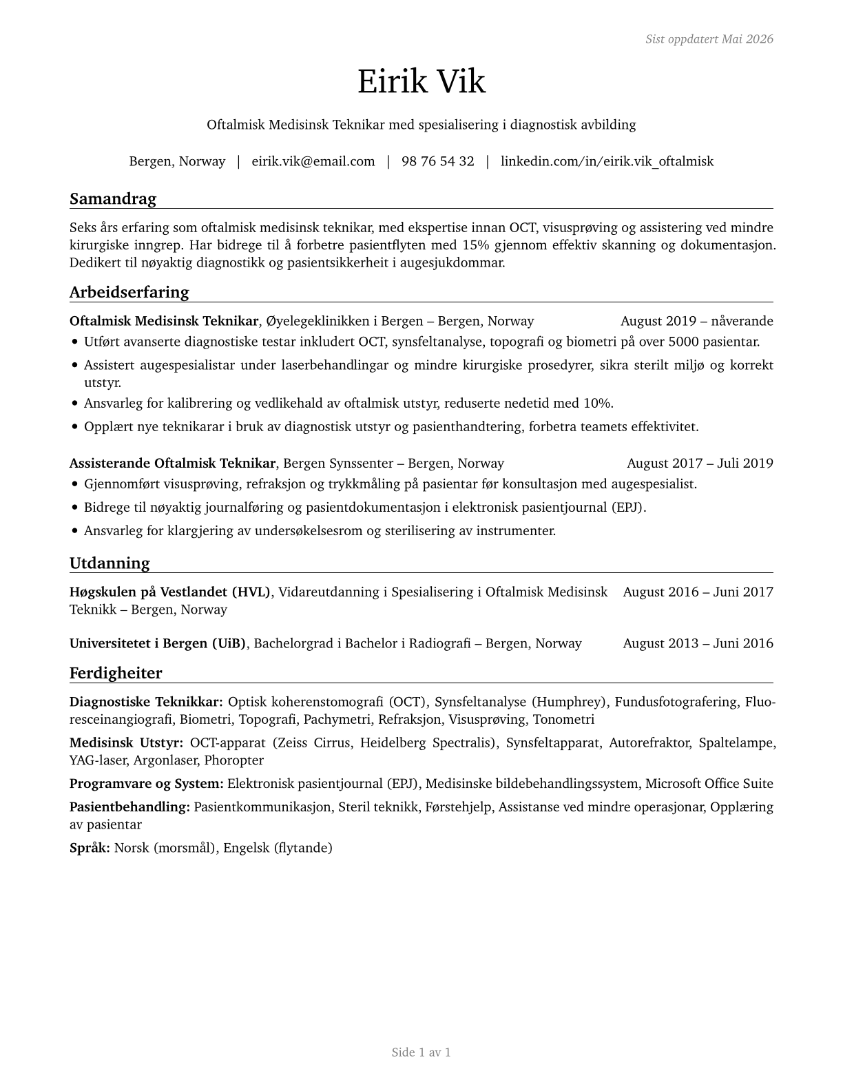 Ophthalmic Medical Technicians CV in Norwegian_nynorsk — page 1