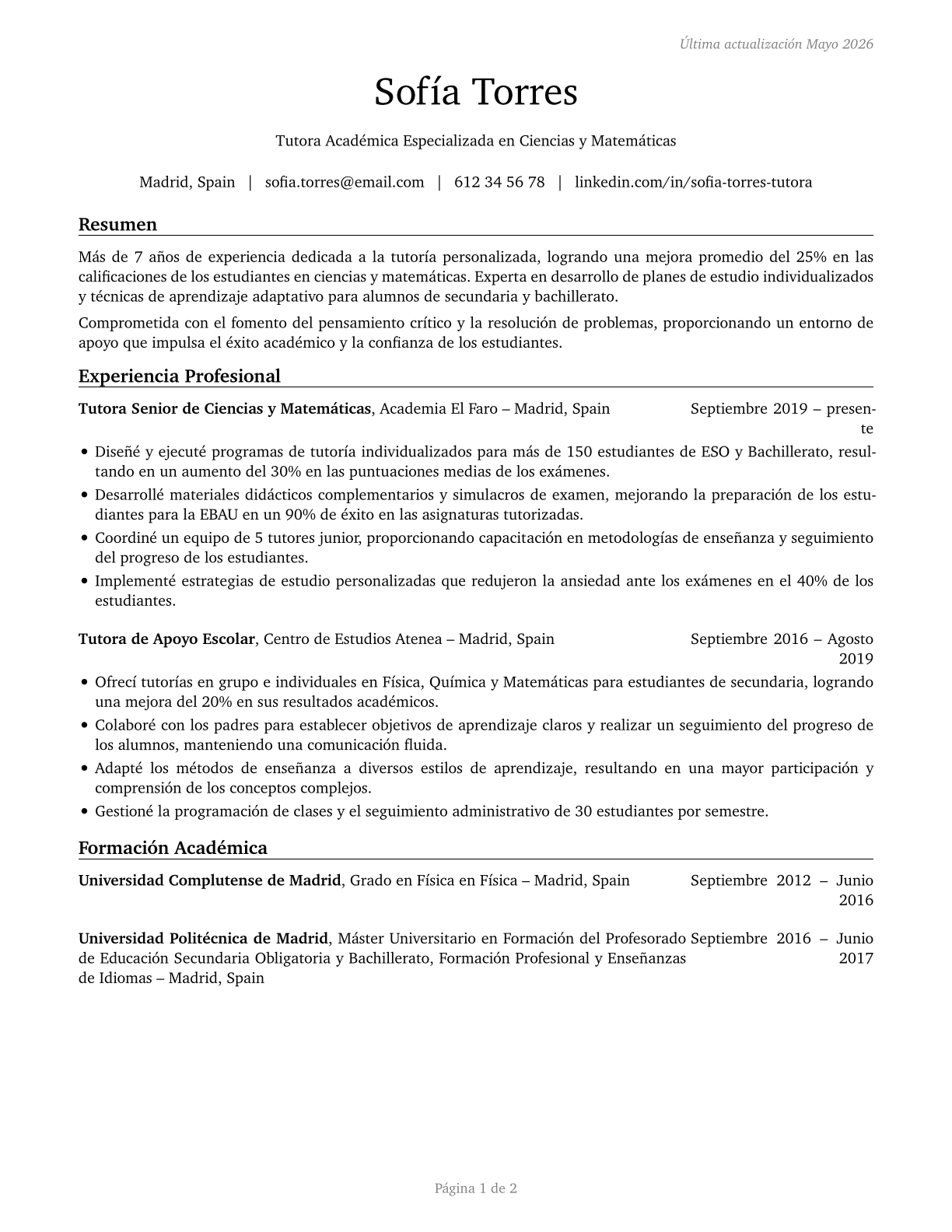 Tutors CV in Spanish — page 1