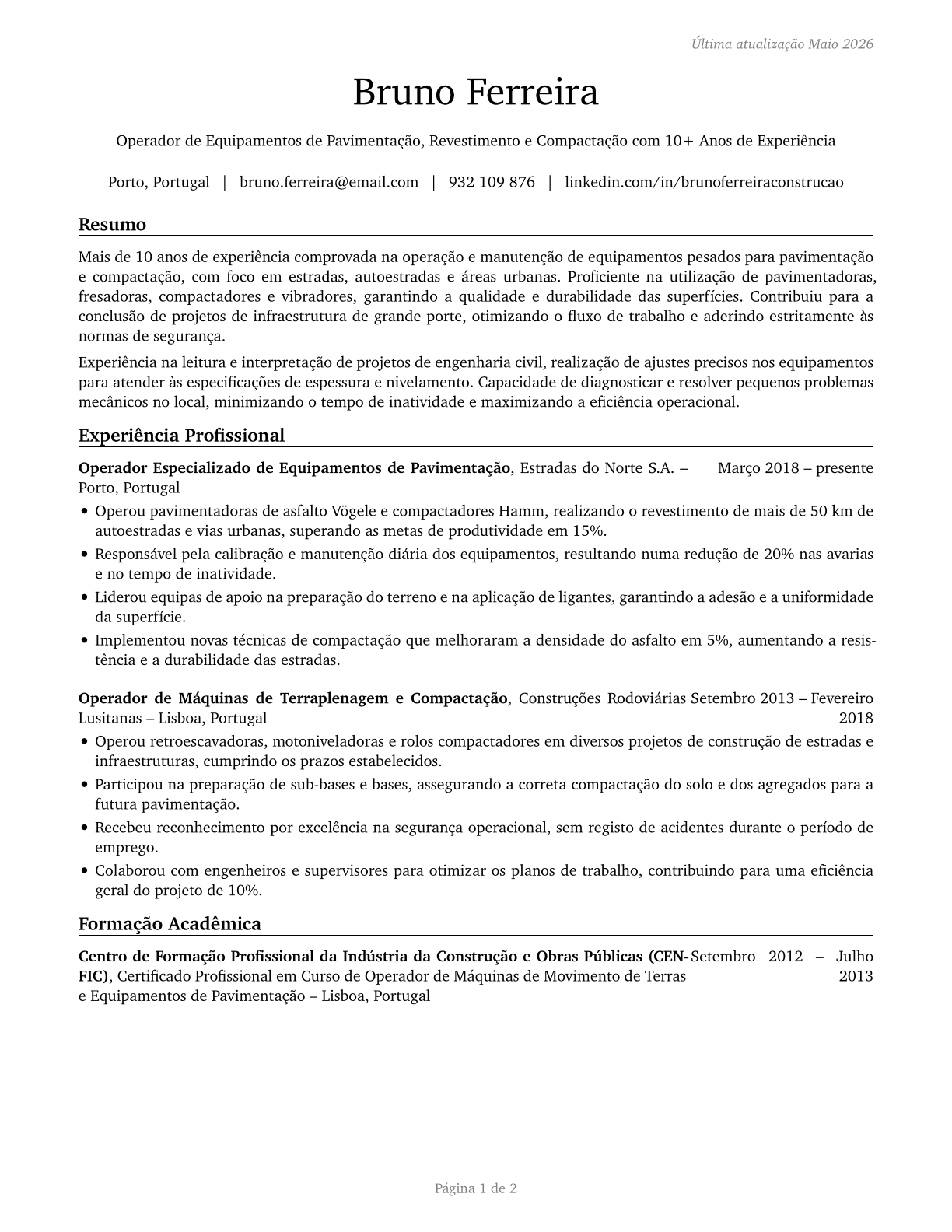 Paving, Surfacing, and Tamping Equipment Operators CV in Portuguese — page 1