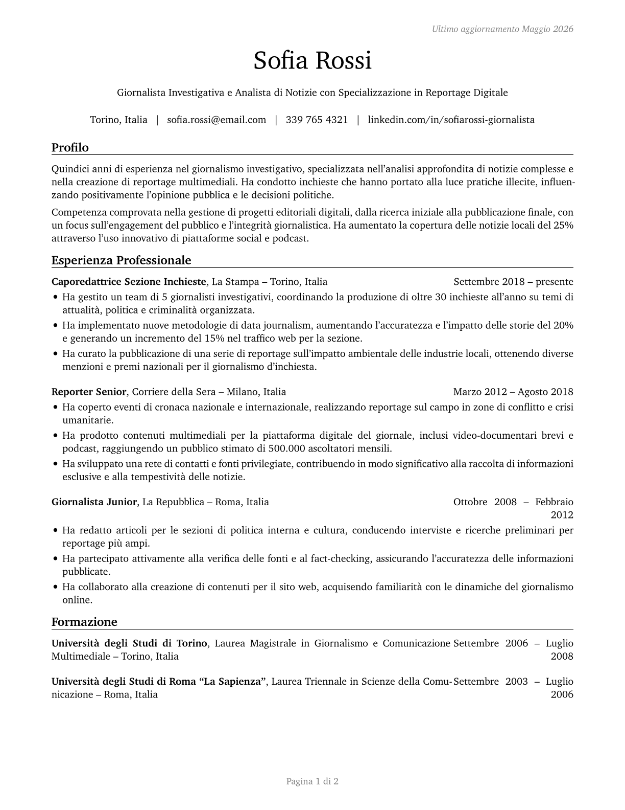 News Analysts, Reporters, and Journalists CV in Italian — page 1