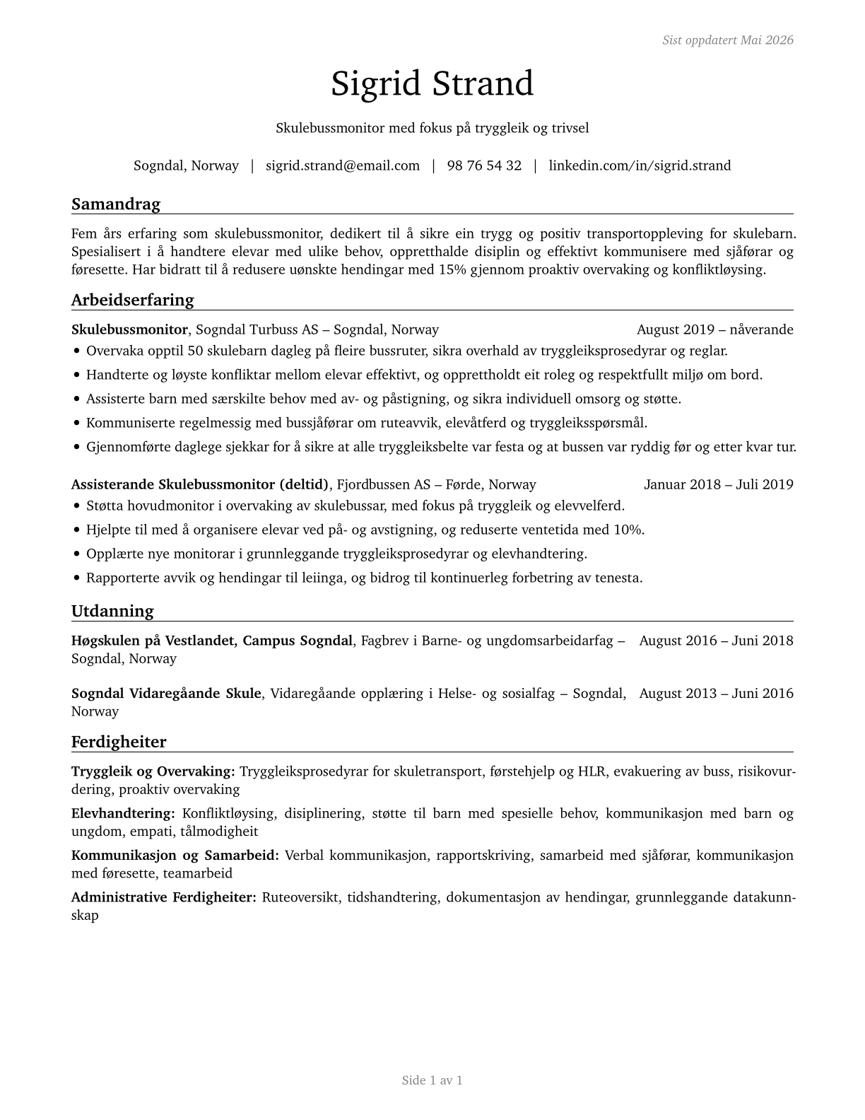 School Bus Monitors CV in Norwegian_nynorsk — page 1