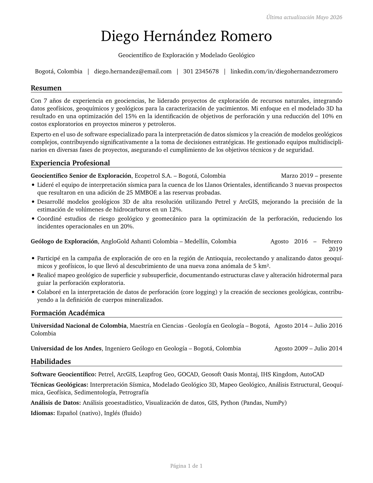 Geoscientists, Except Hydrologists and Geographers CV in Spanish — page 1