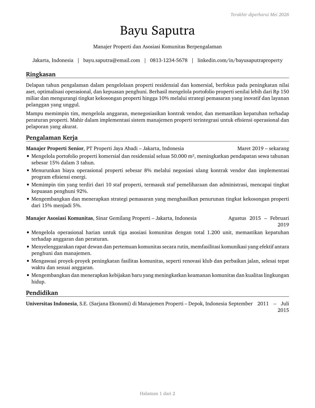 Property, Real Estate, and Community Association Managers CV in Indonesian — page 1