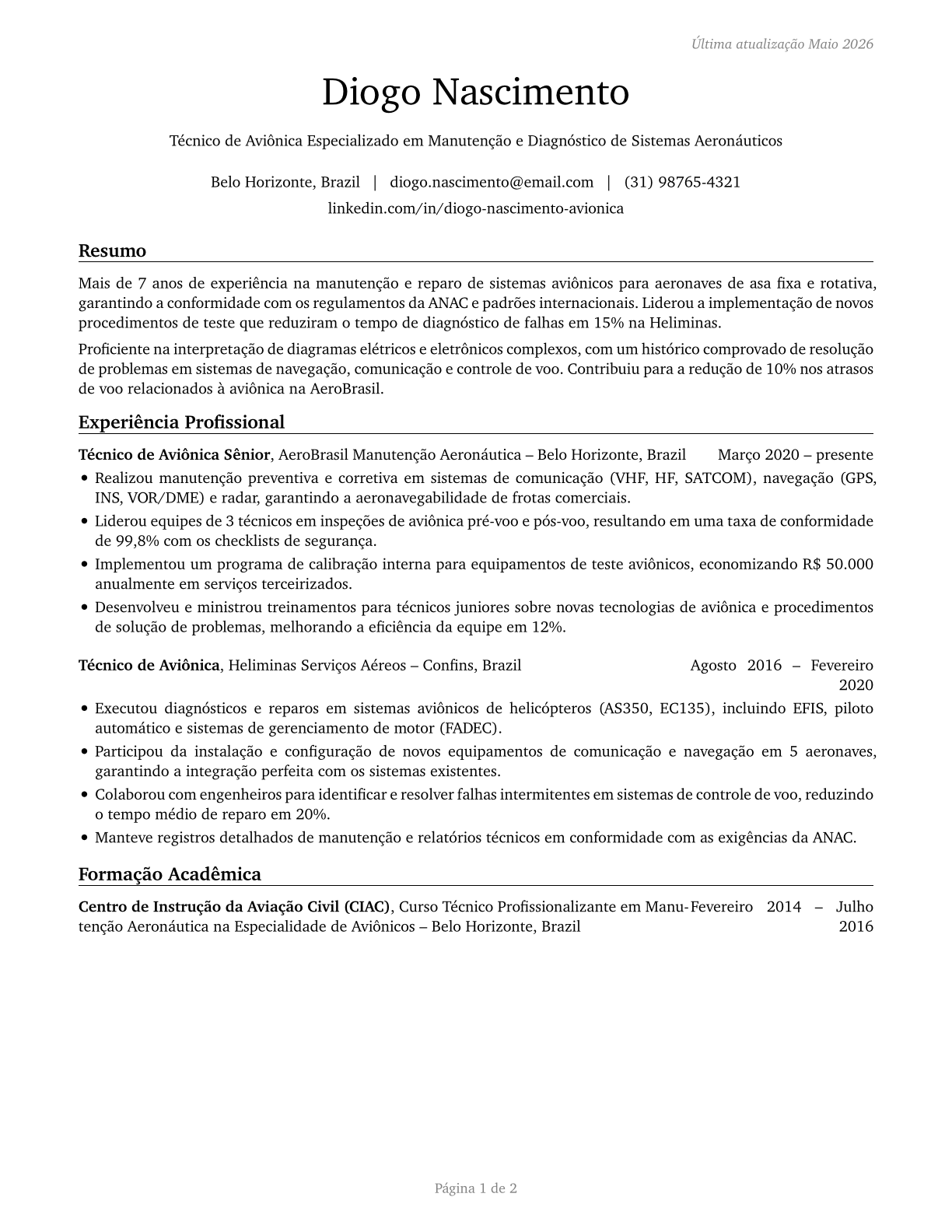 Avionics Technicians CV in Portuguese — page 1
