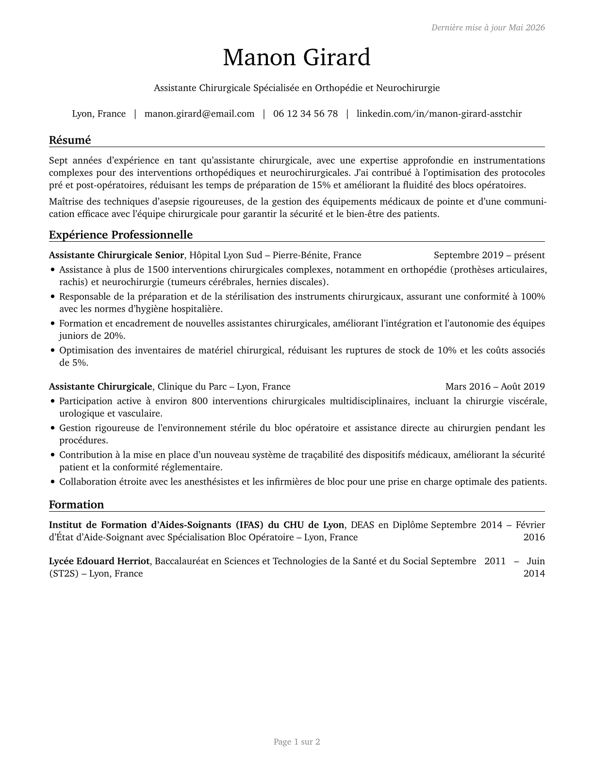 Surgical Assistants CV in French — page 1