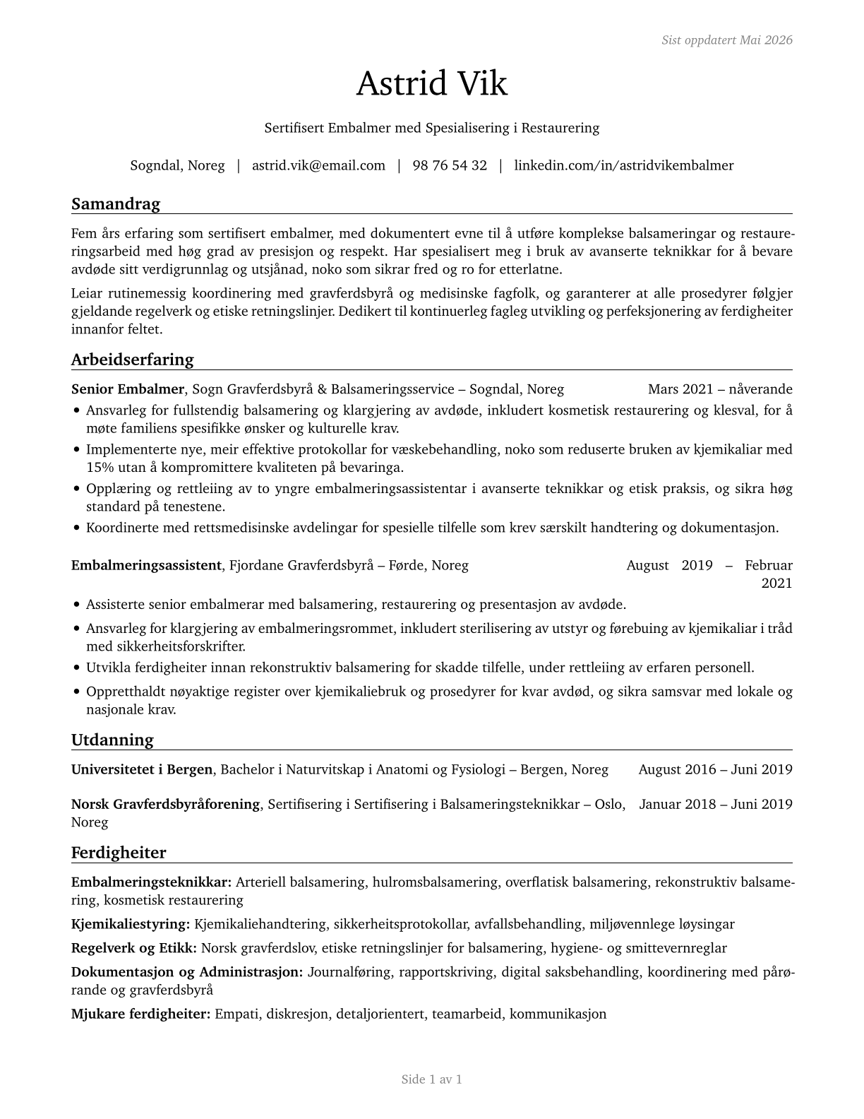 Embalmers CV in Norwegian_nynorsk — page 1