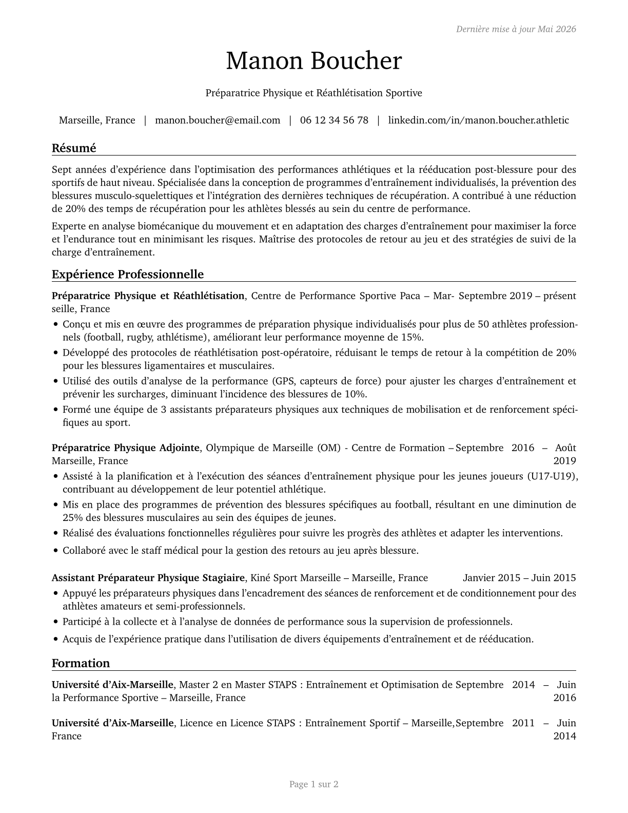 Athletic Trainers CV in French — page 1