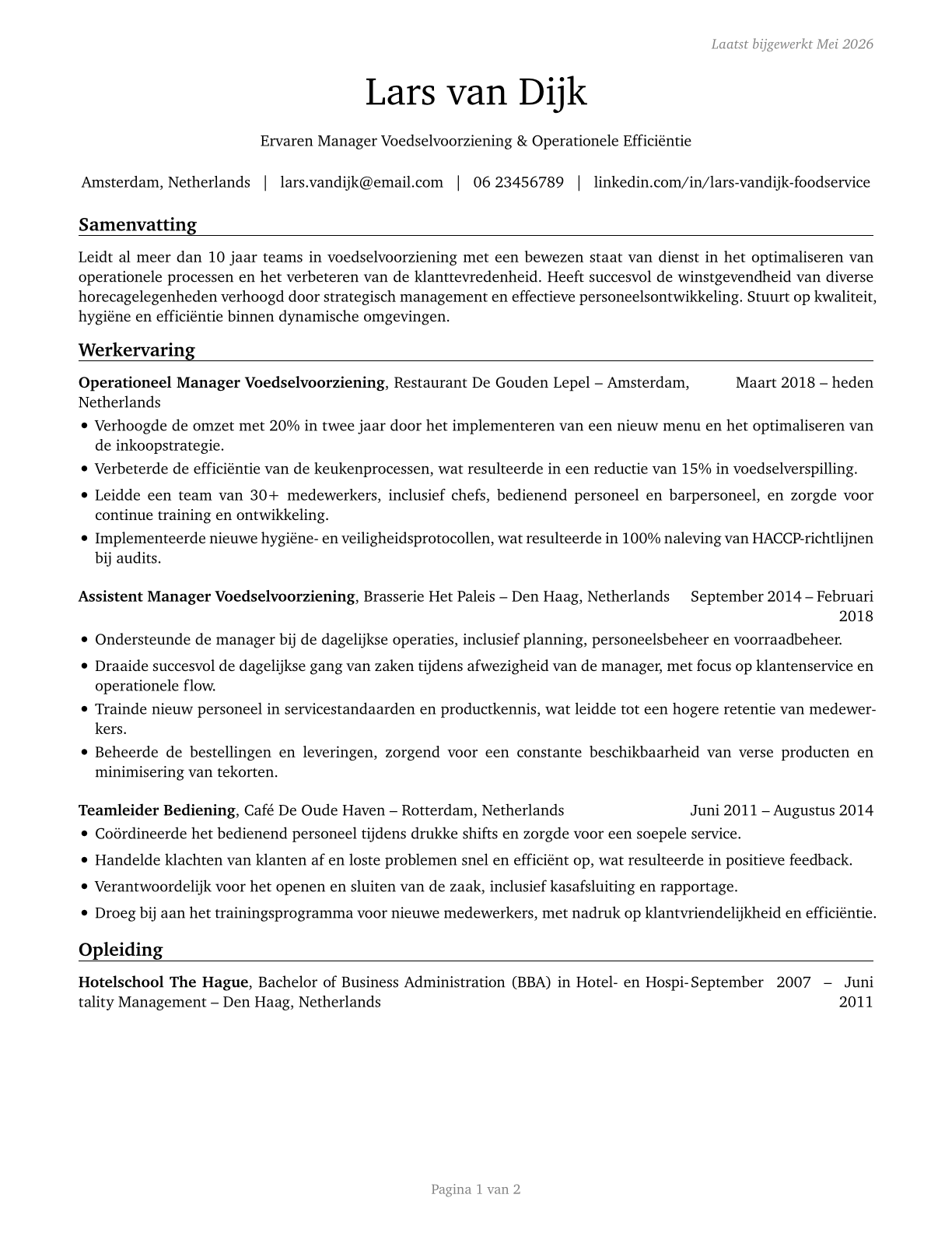 Food Service Managers CV in Dutch — page 1