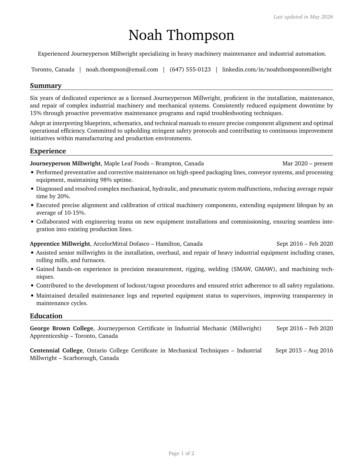 Millwrights CV in English — page 1