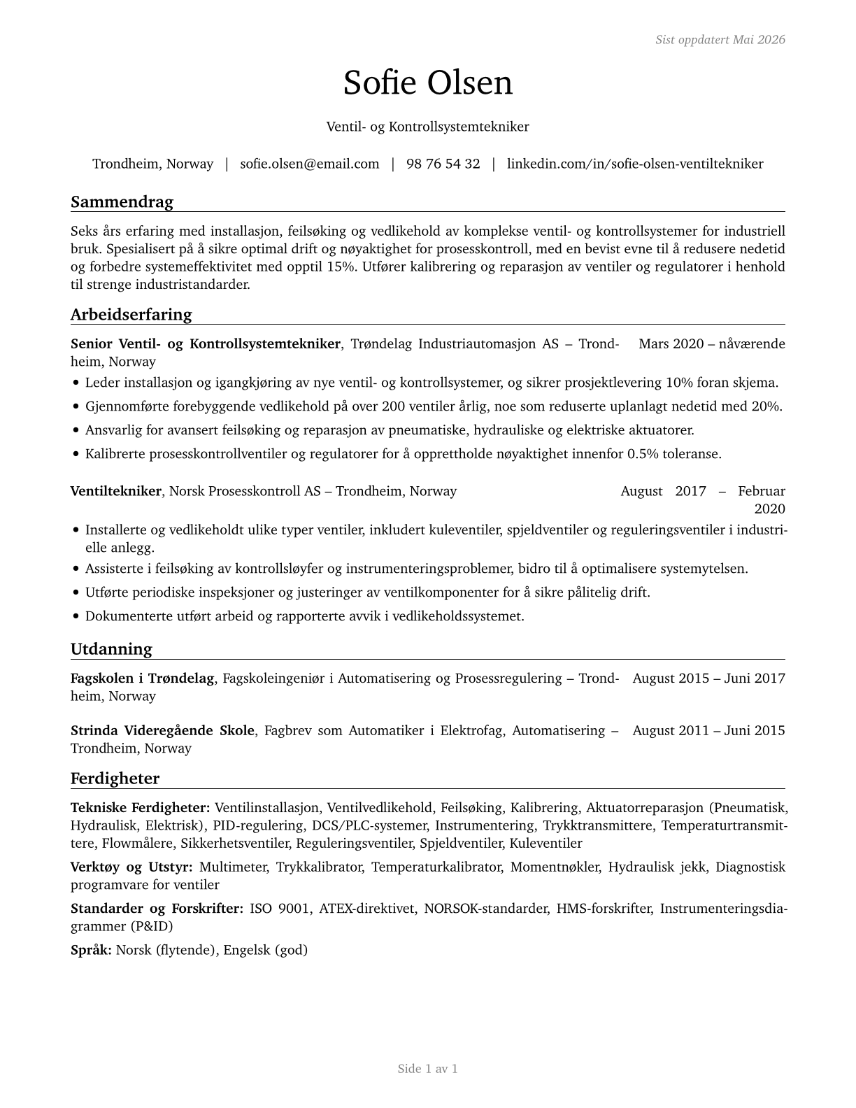 Control and Valve Installers and Repairers, Except Mechanical Door CV in Norwegian_bokmal — page 1