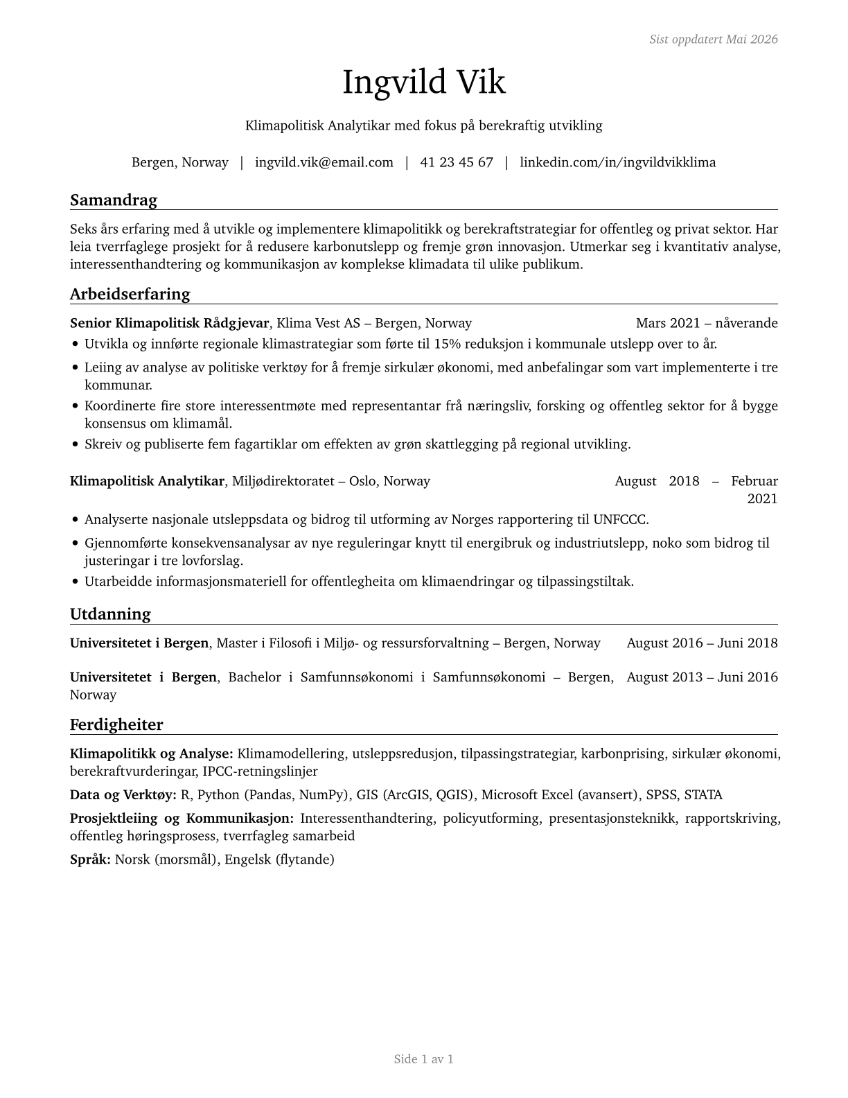 Climate Change Policy Analysts CV in Norwegian_nynorsk — page 1
