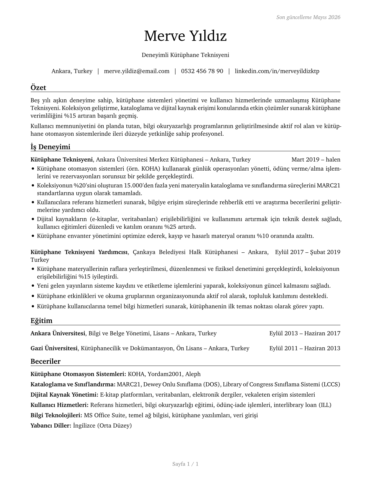 Library Technicians CV in Turkish — page 1