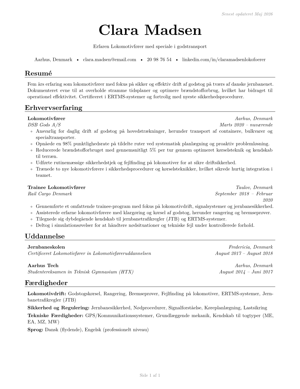 Locomotive Engineers CV in Danish — page 1