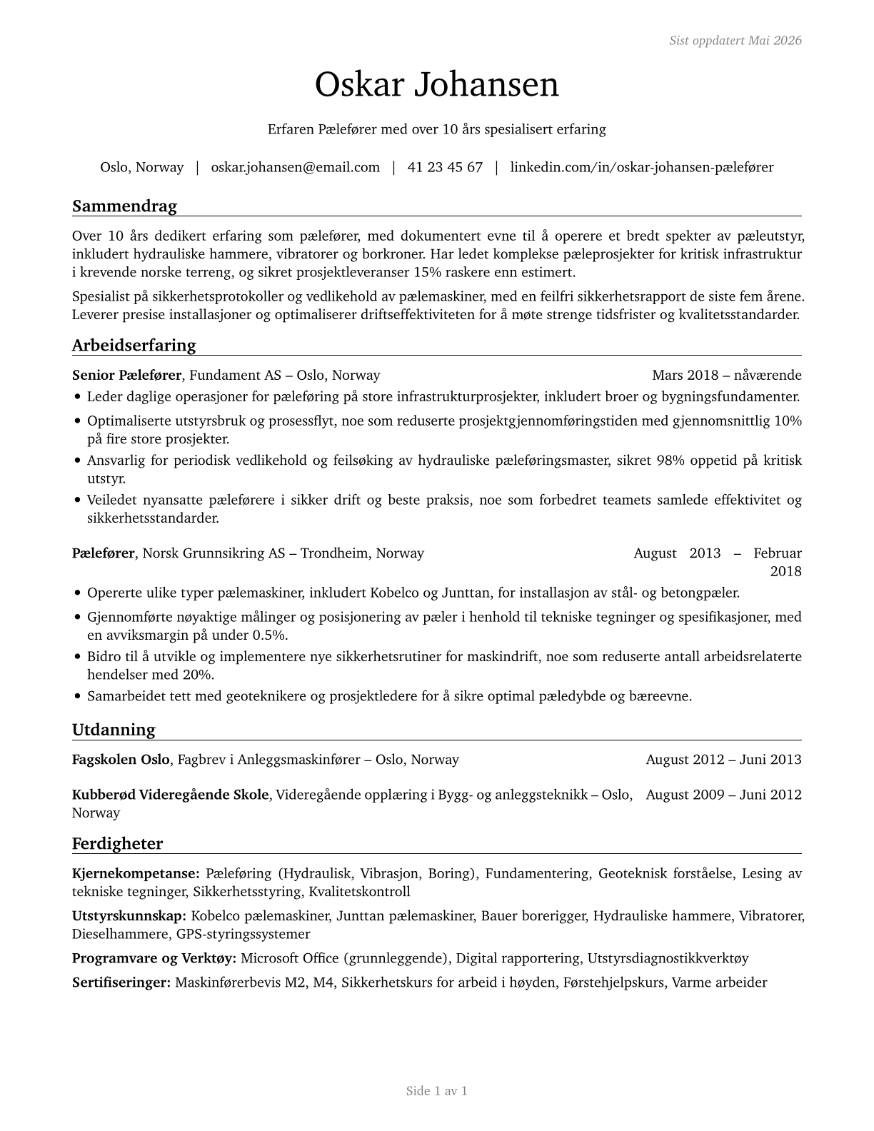 Pile Driver Operators CV in Norwegian_bokmal — page 1