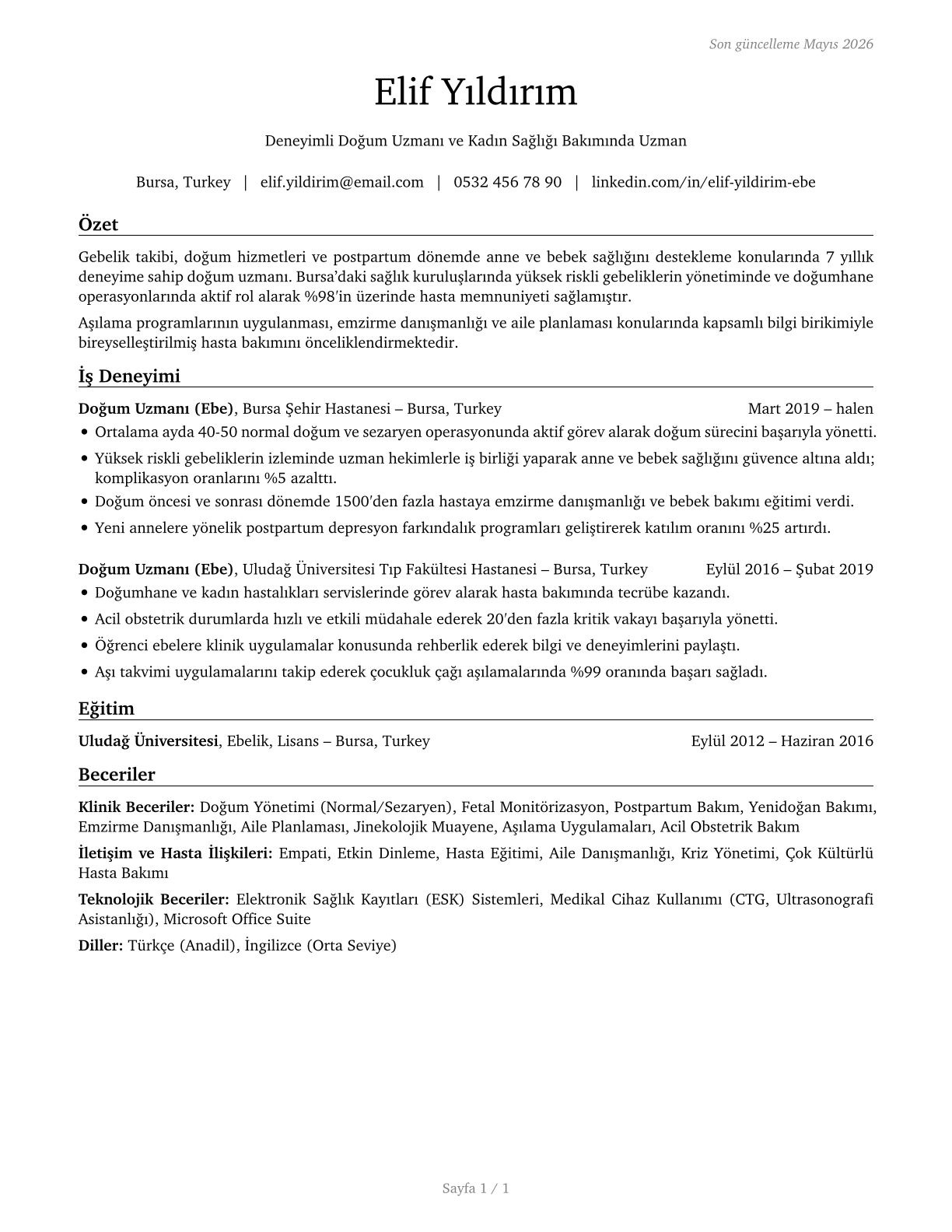 Midwives CV in Turkish — page 1