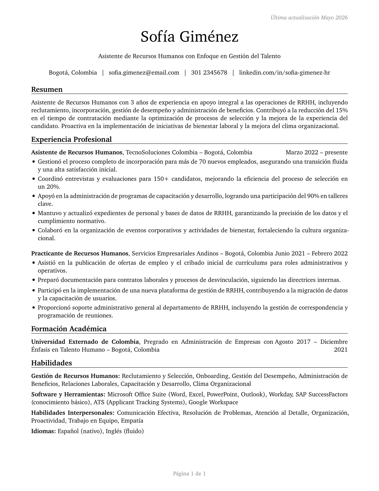 Human Resources Assistants, Except Payroll and Timekeeping CV in Spanish — page 1