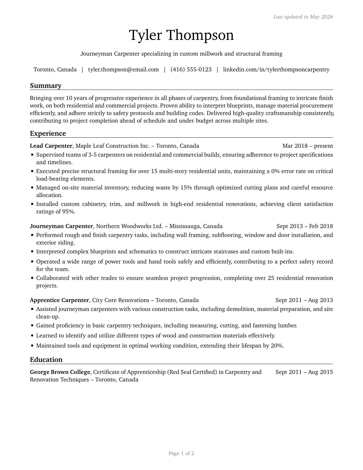 Carpenters CV in English — page 1