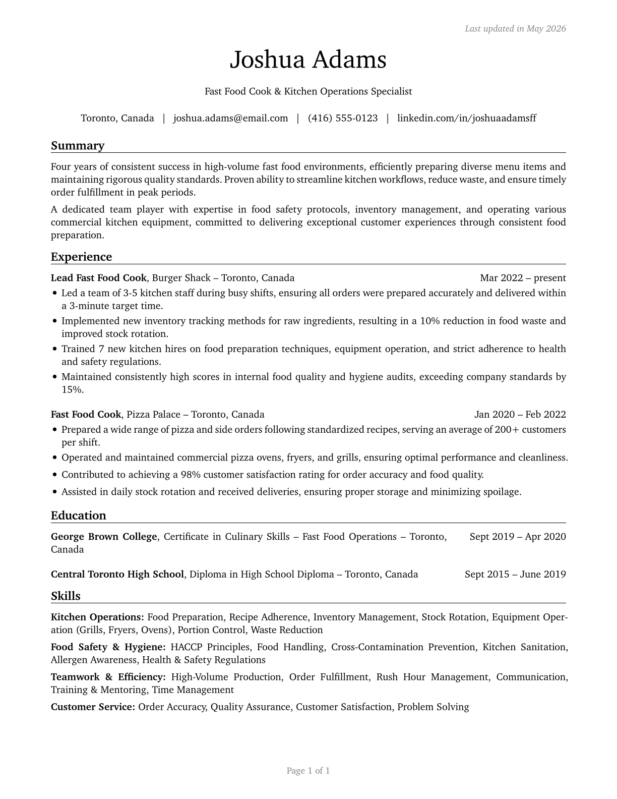 Cooks, Fast Food CV in English — page 1