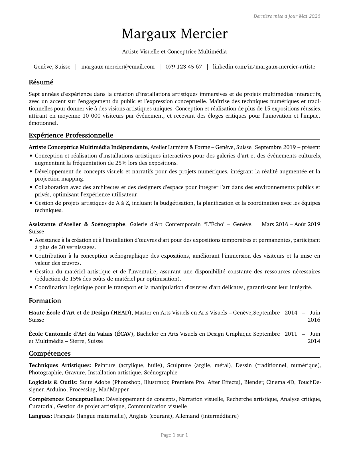 Artists and Related Workers, All Other CV in French — page 1