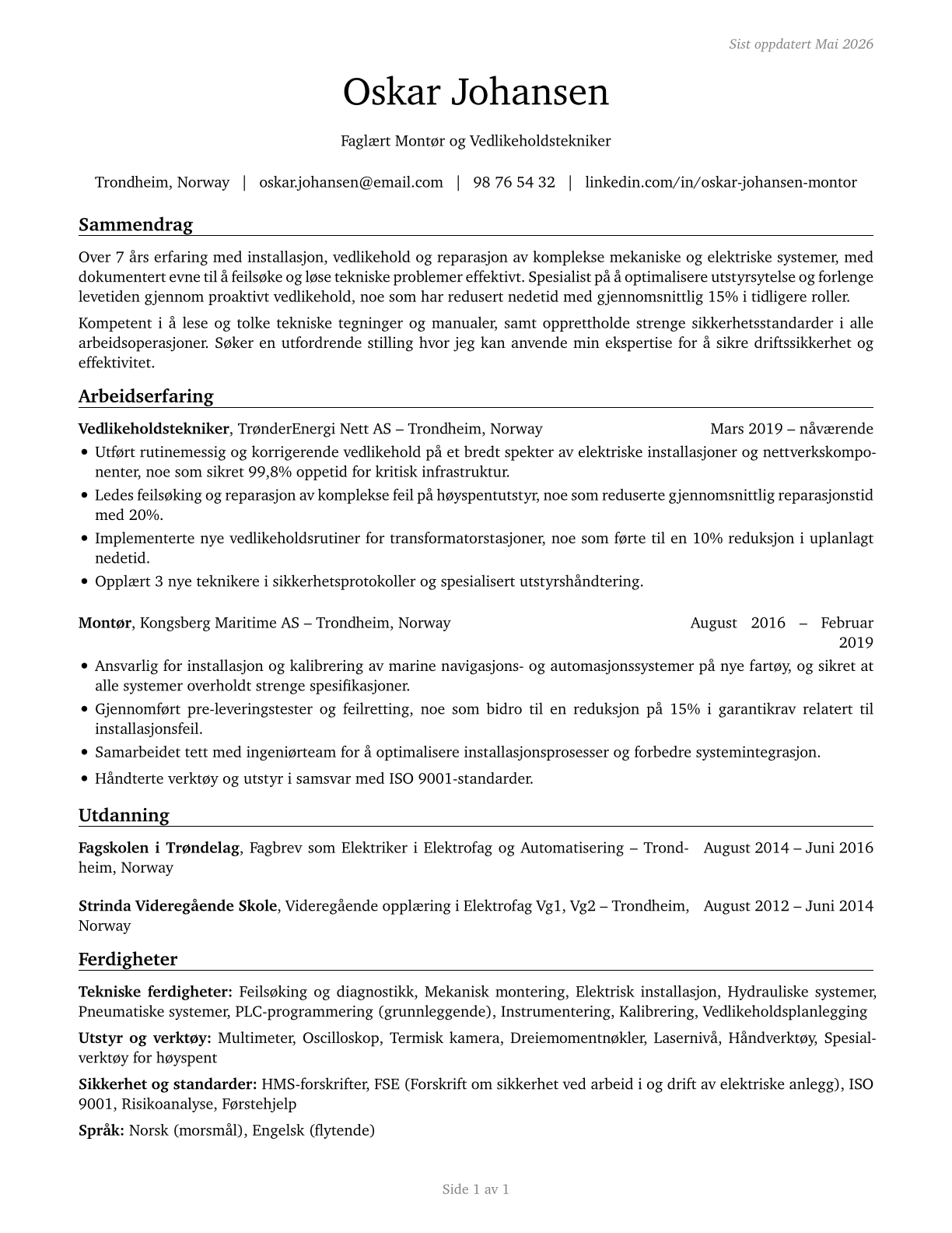 Installation, Maintenance, and Repair Workers, All Other CV in Norwegian_bokmal — page 1