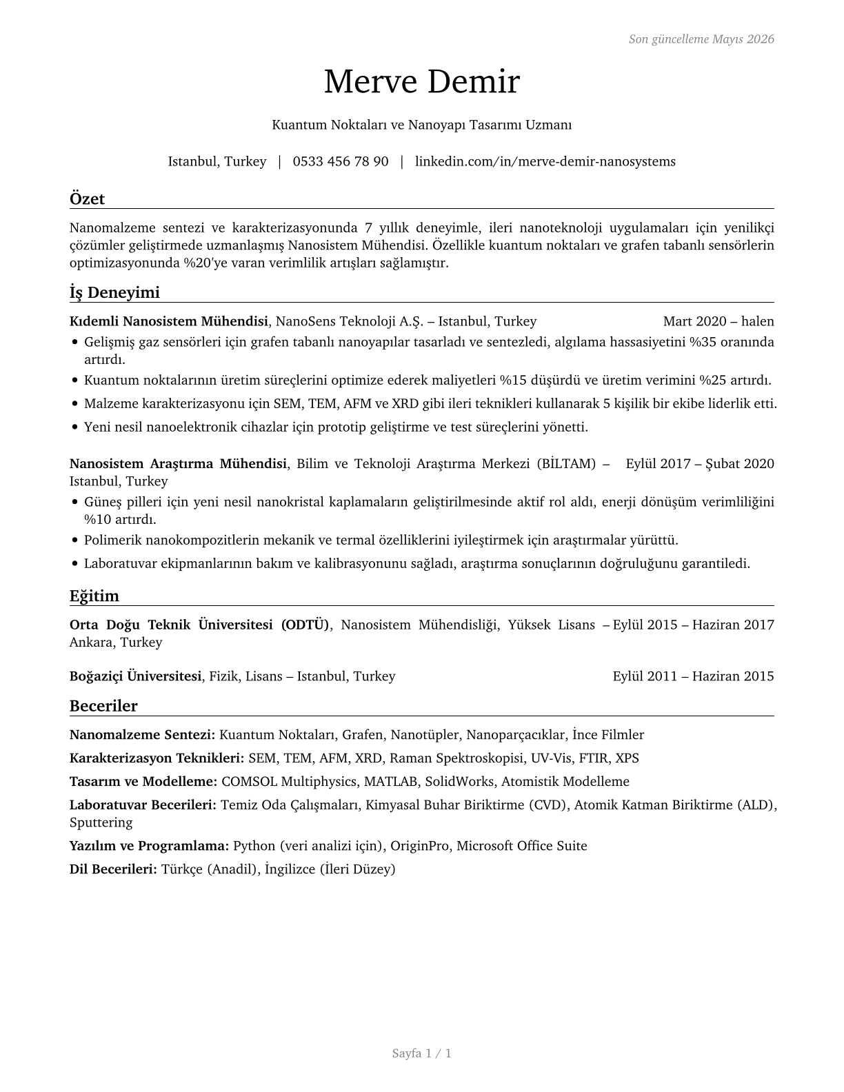 Nanosystems Engineers CV in Turkish — page 1