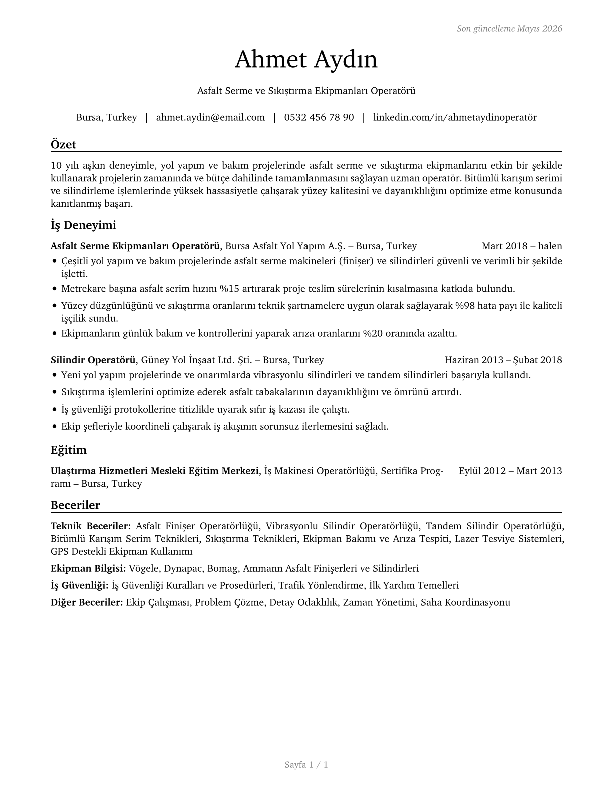 Paving, Surfacing, and Tamping Equipment Operators CV in Turkish — page 1