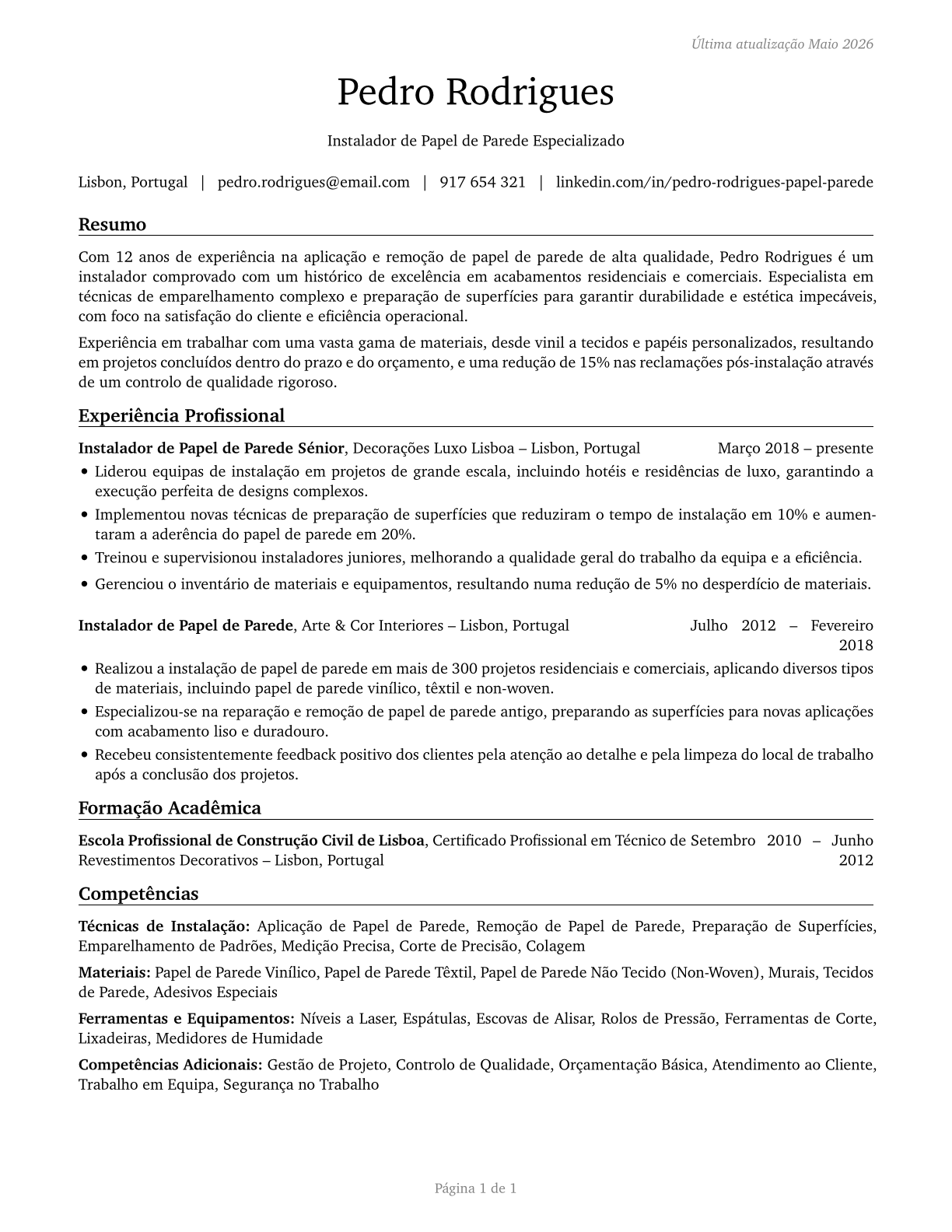 Paperhangers CV in Portuguese — page 1