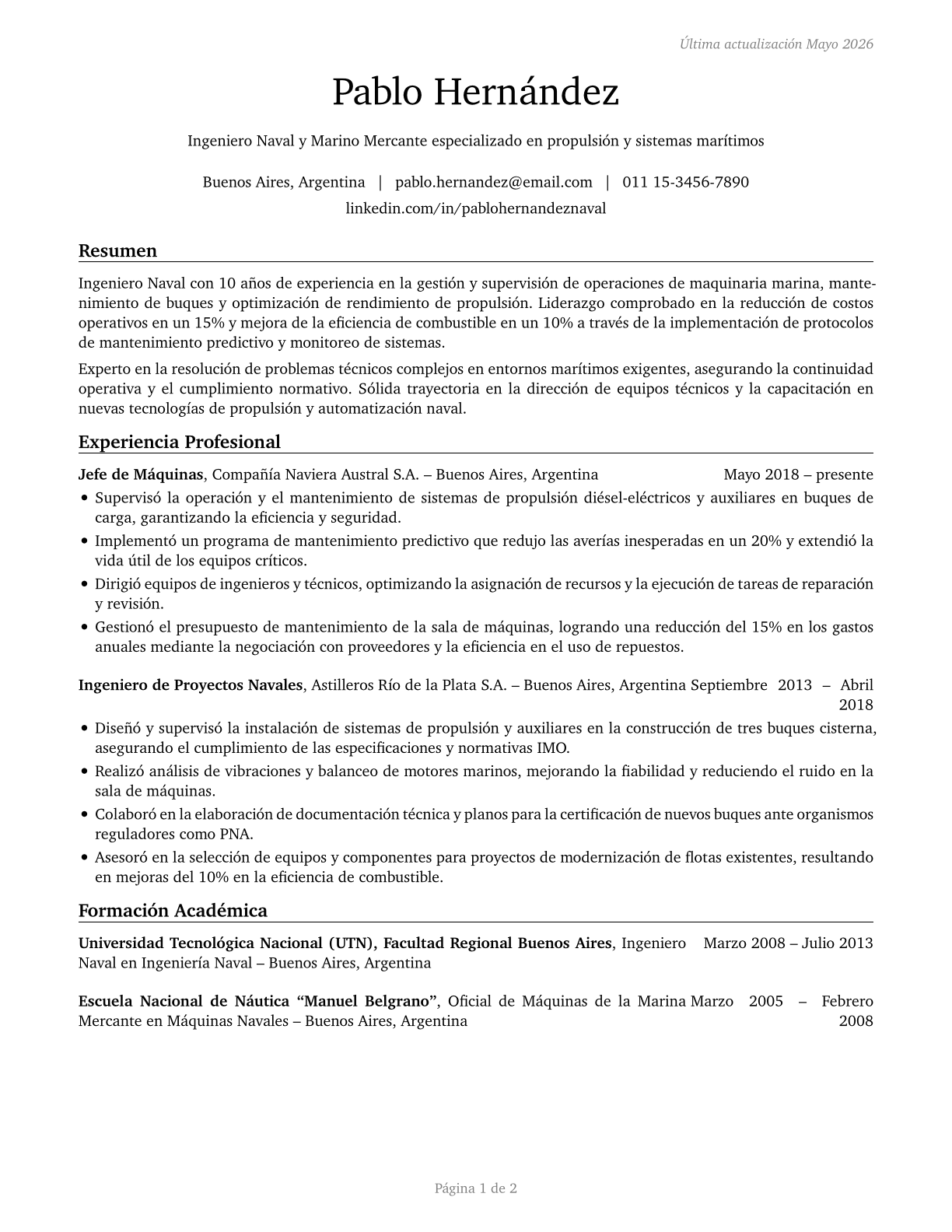 Ship Engineers CV in Spanish — page 1