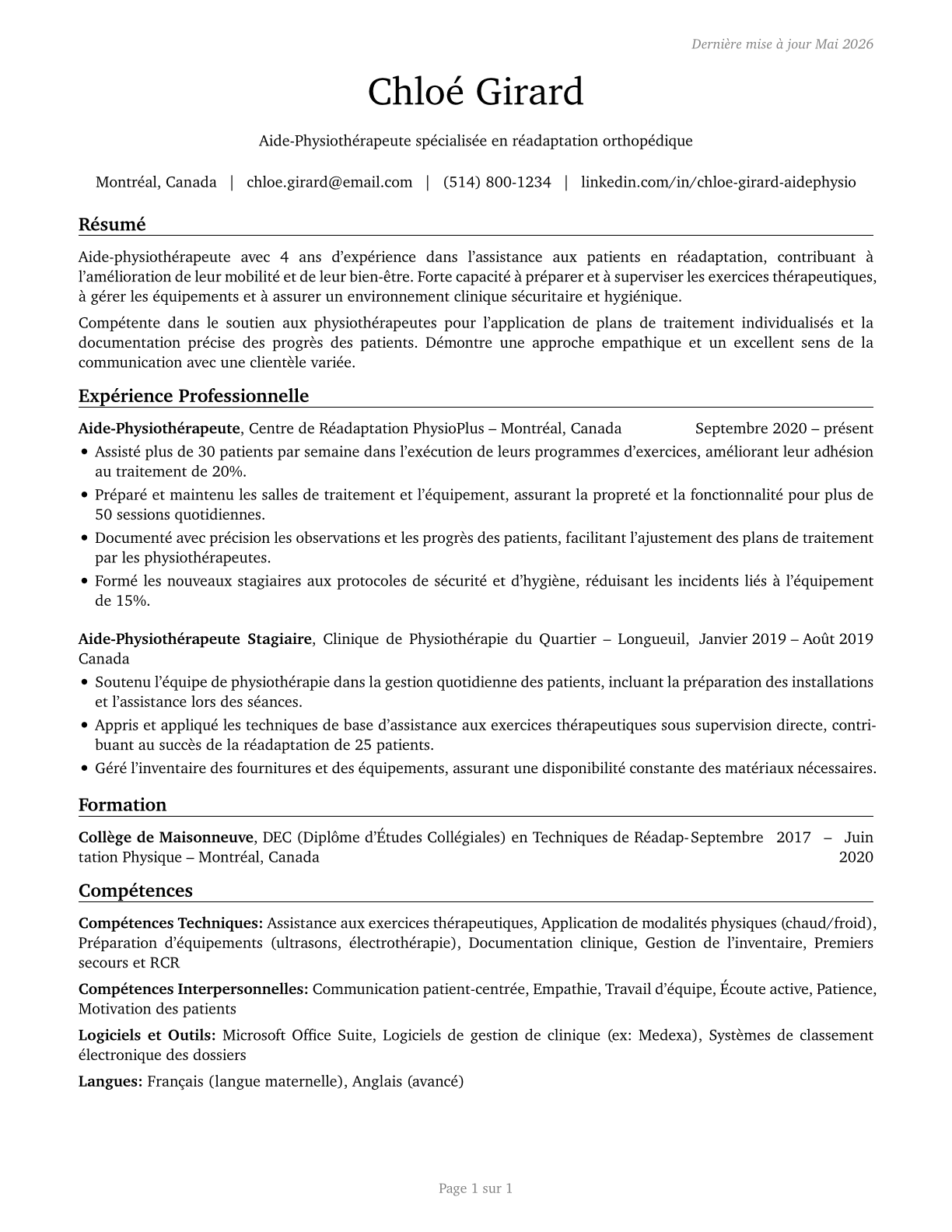 Physical Therapist Aides CV in French — page 1
