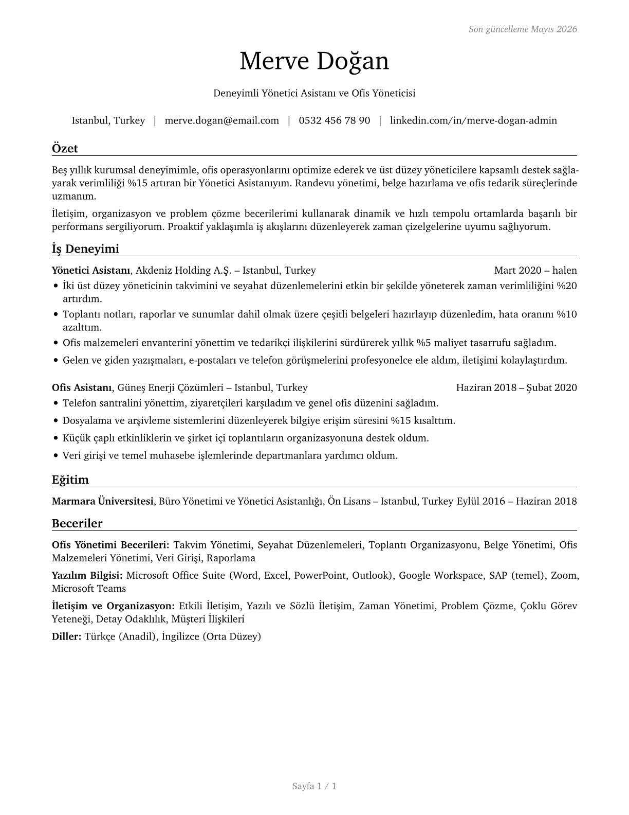 Secretaries and Administrative Assistants, Except Legal, Medical, and Executive CV in Turkish — page 1
