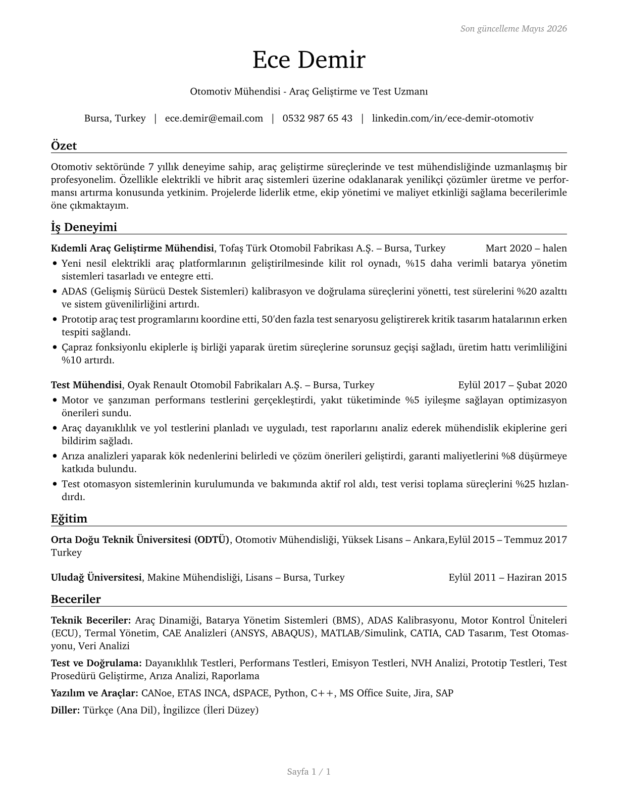Automotive Engineers CV in Turkish — page 1