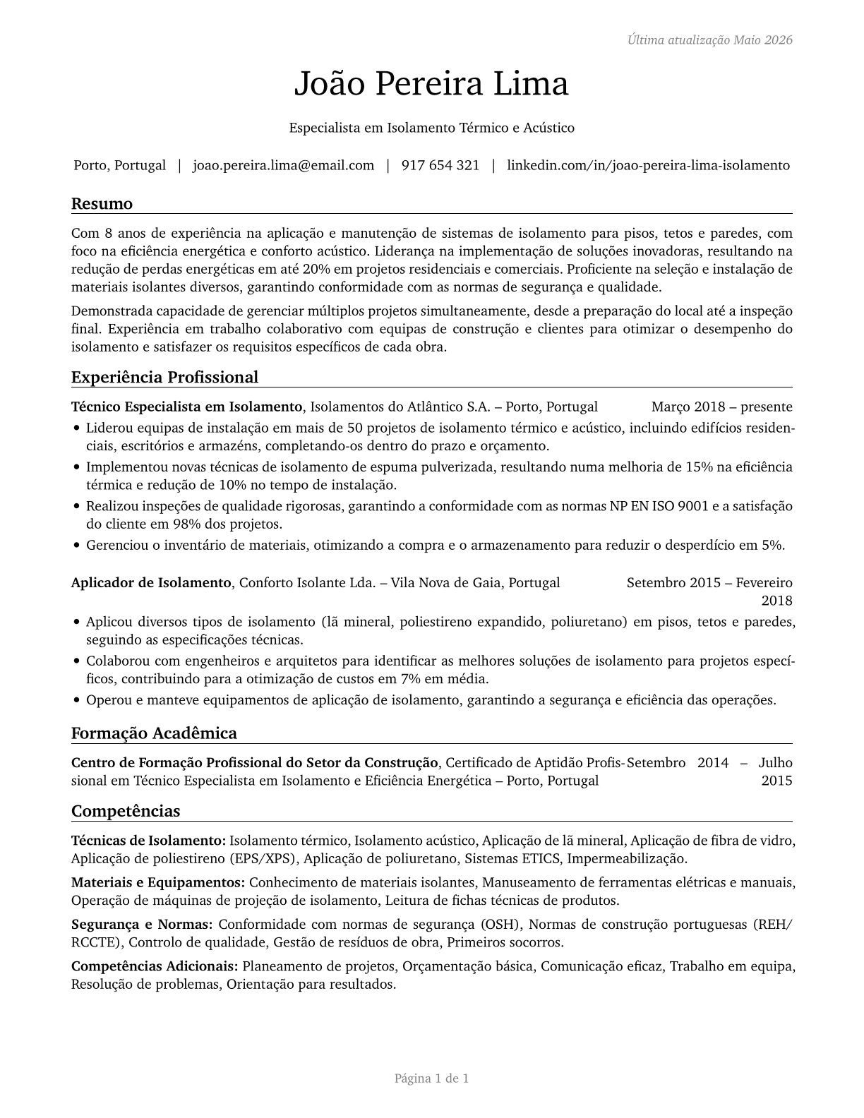 Insulation Workers, Floor, Ceiling, and Wall CV in Portuguese — page 1