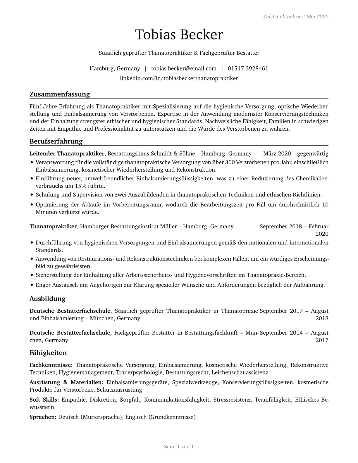 Embalmers CV in German — page 1